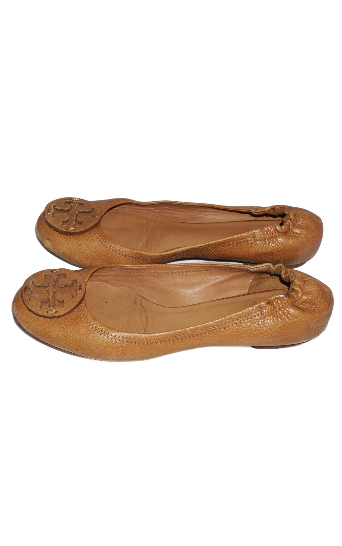 TORY BURCH Minnie Travel Brown Leather Ballet Flat Shoes resellum