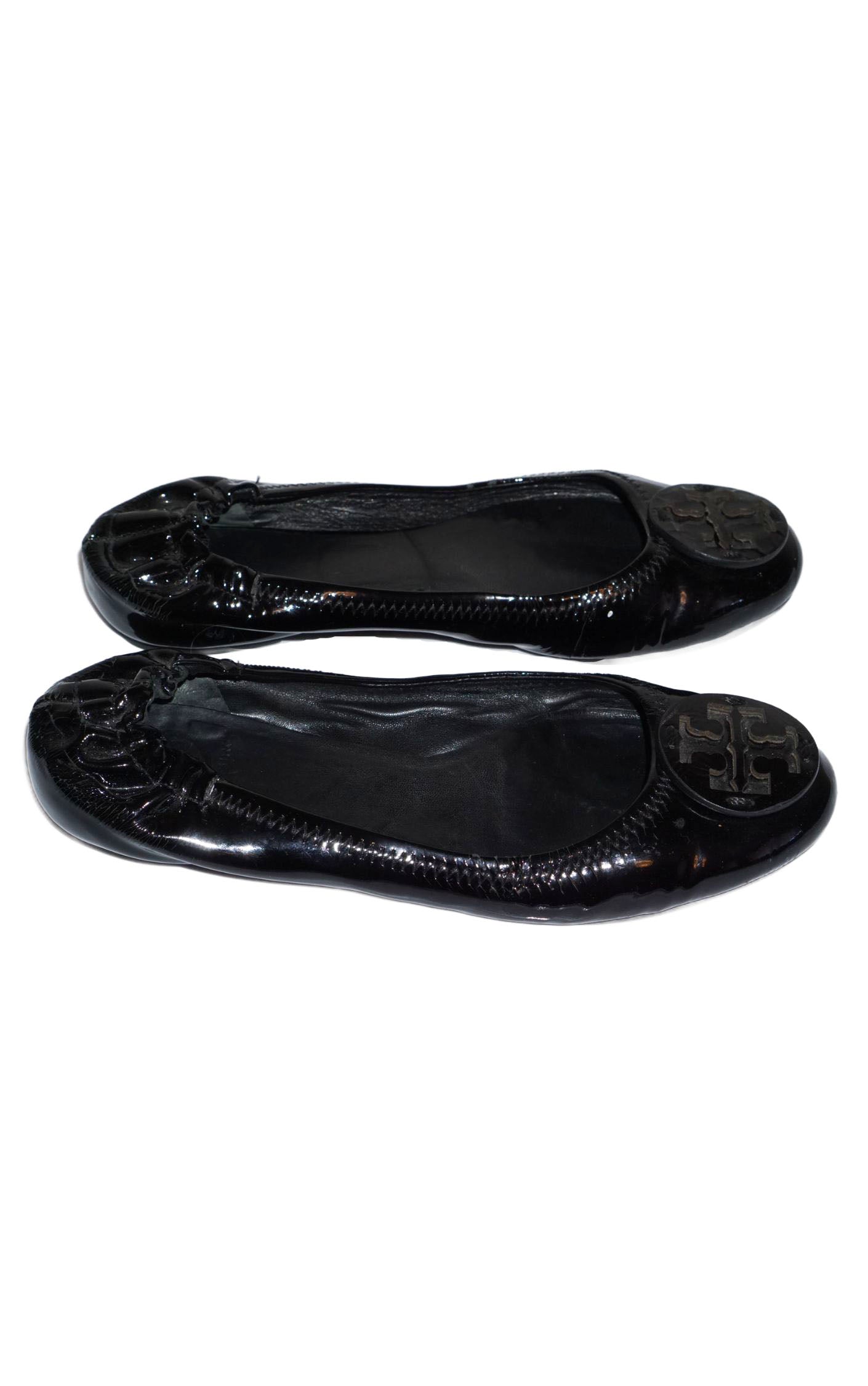 TORY BURCH Minnie Travel Black Patent Leather Ballet Flat Shoes resellum