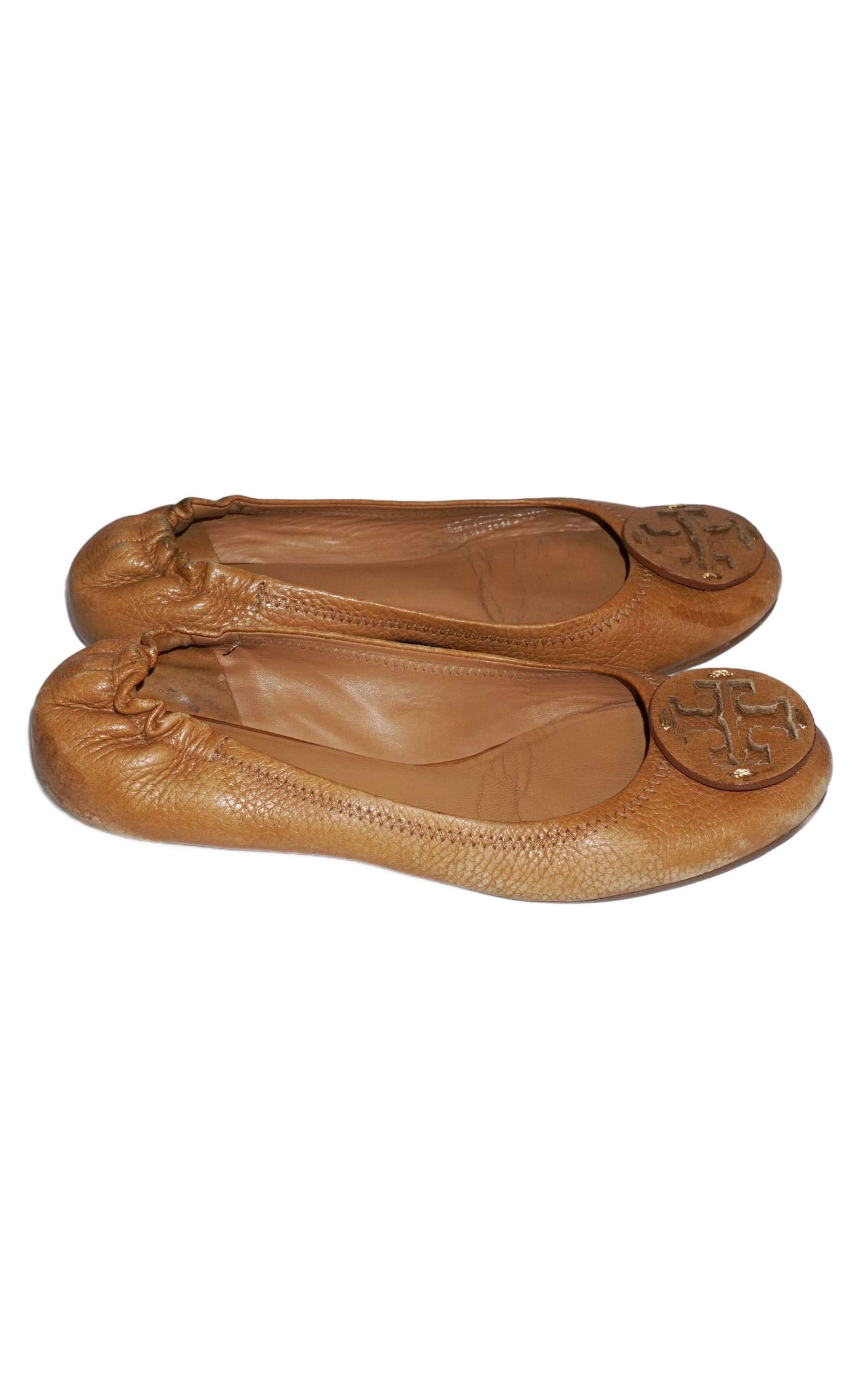 TORY BURCH Minnie Travel Brown Leather Ballet Flat Shoes resellum
