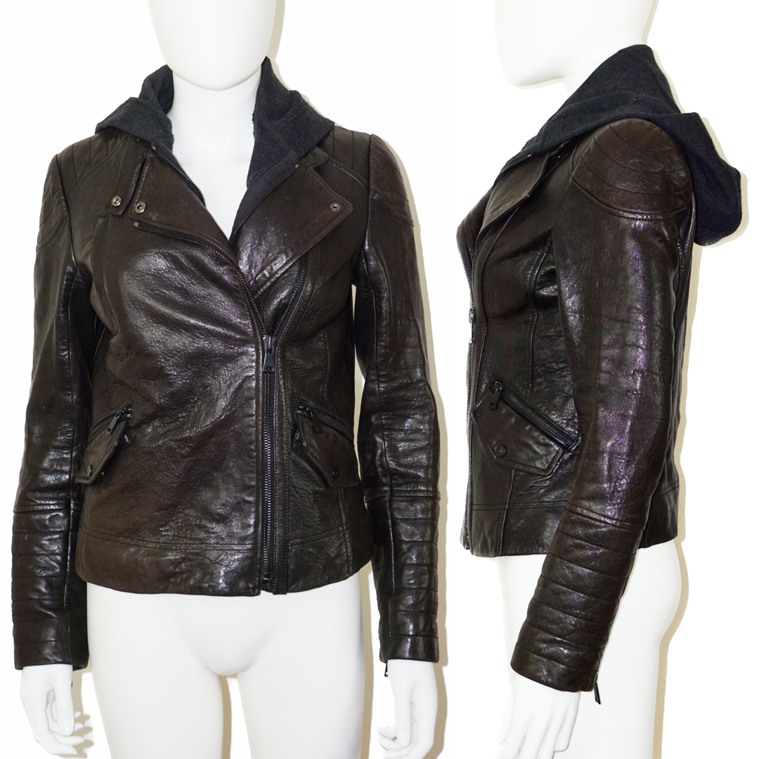 VINCE Black Leather Biker Hooded Jacket