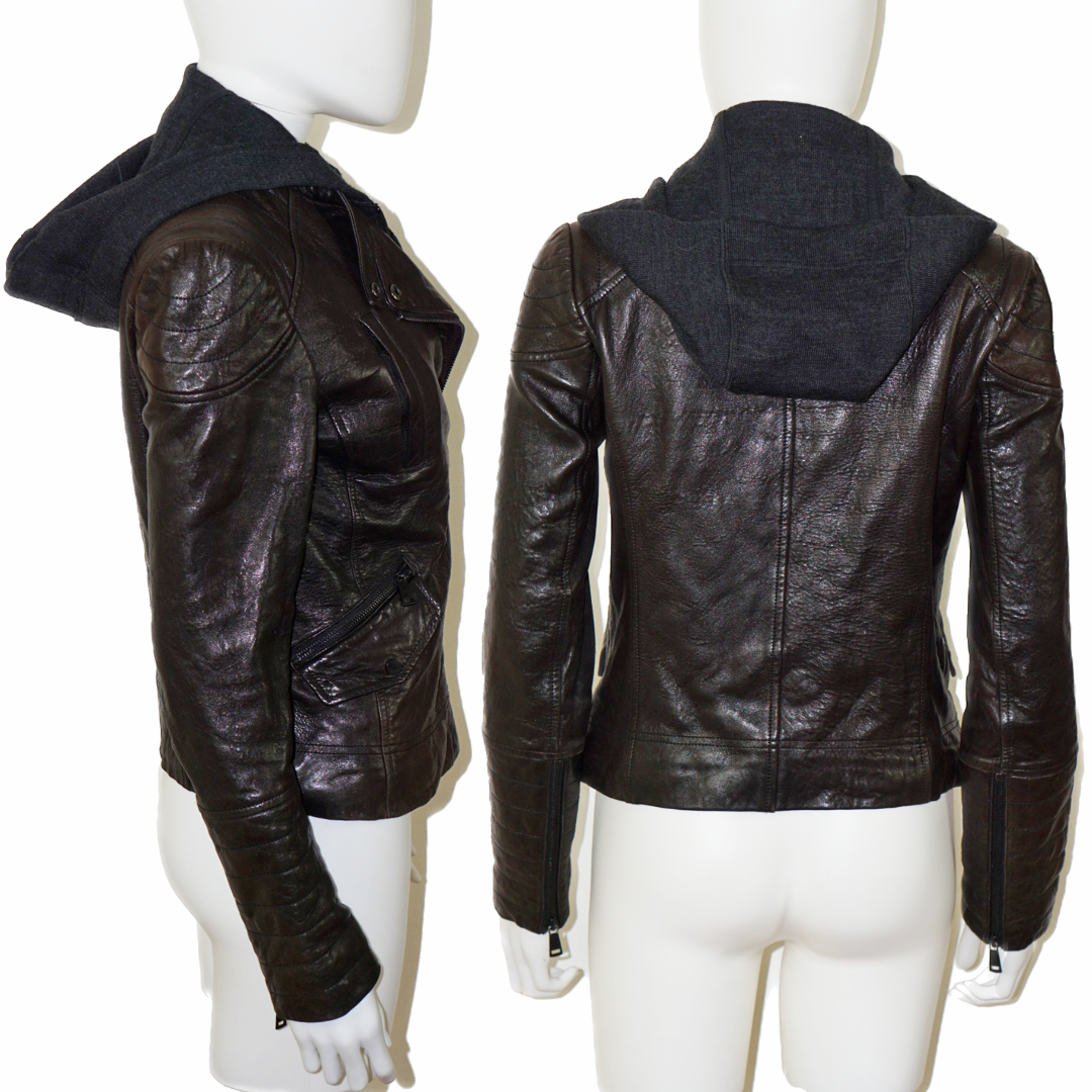 VINCE Black Leather Biker Hooded Jacket