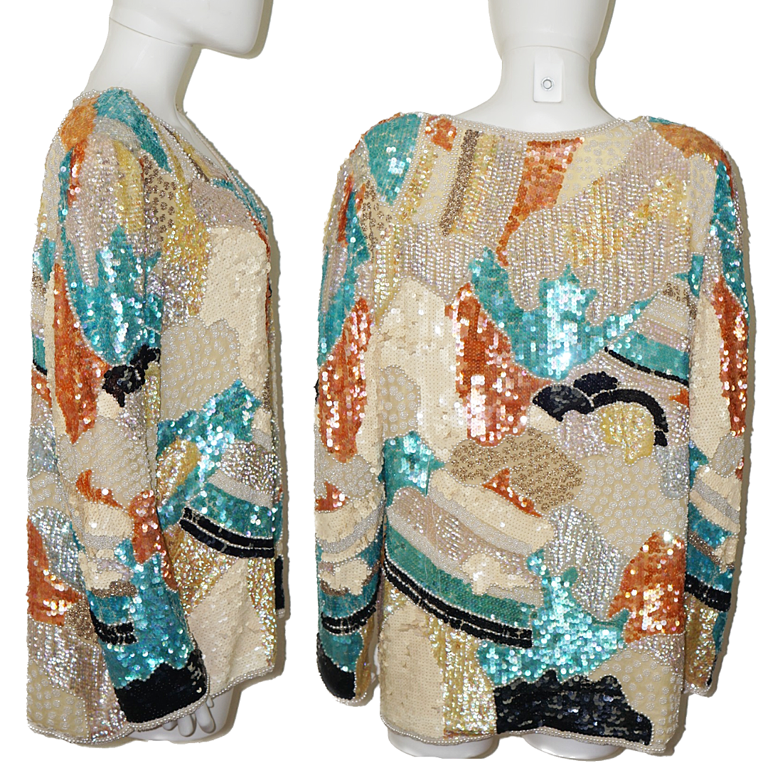 VINTAGE 80s Sequin Beaded Multicolor Sweater