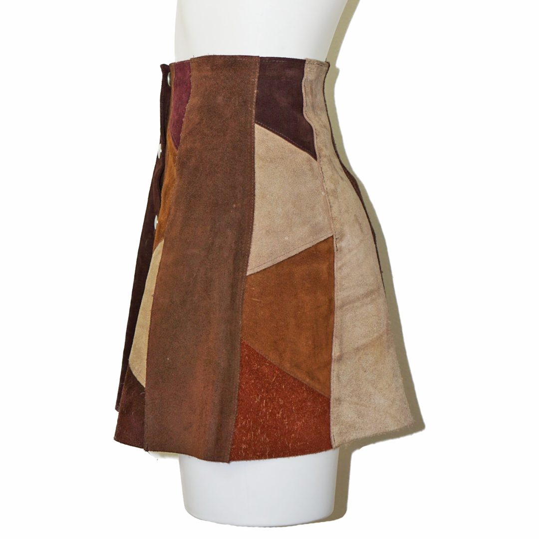 VINTAGE 80s Suede A-Line Patchwork Mini Skirt