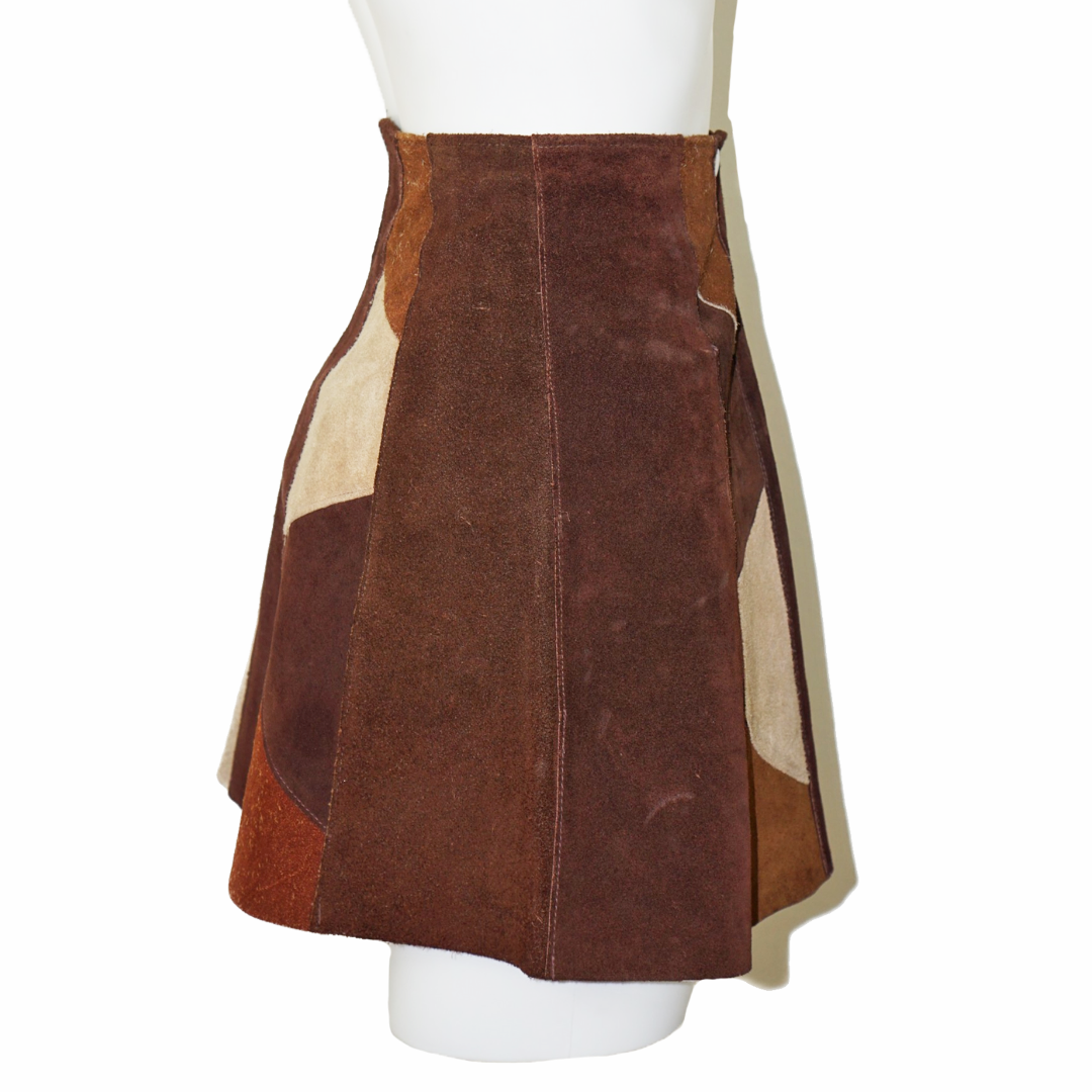 VINTAGE 80s Suede A-Line Patchwork Mini Skirt