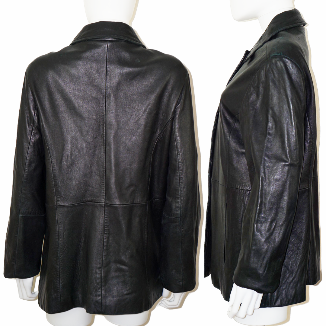 VINTAGE 90s Black Leather Jacket Coat