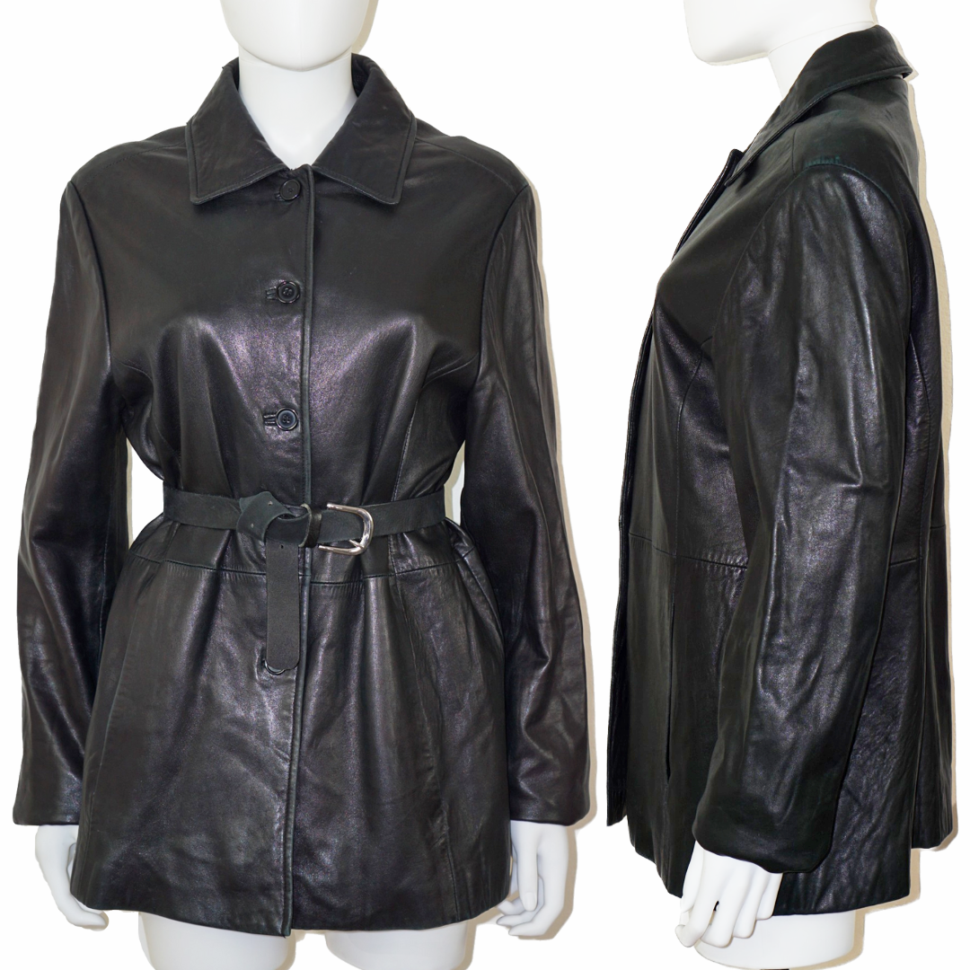 VINTAGE 90s Black Leather Jacket Coat