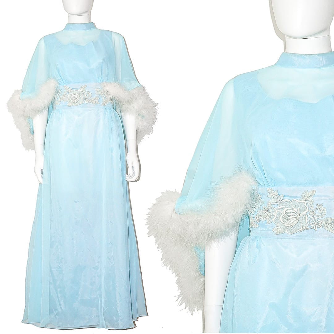 VINTAGE Blue Feather Embellished Dress