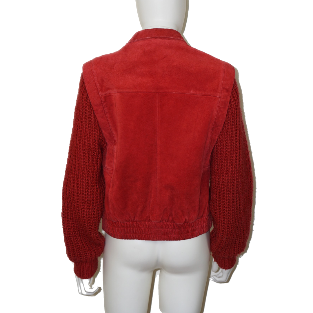 VINTAGE Red Leather Knit Sleeves Jacket