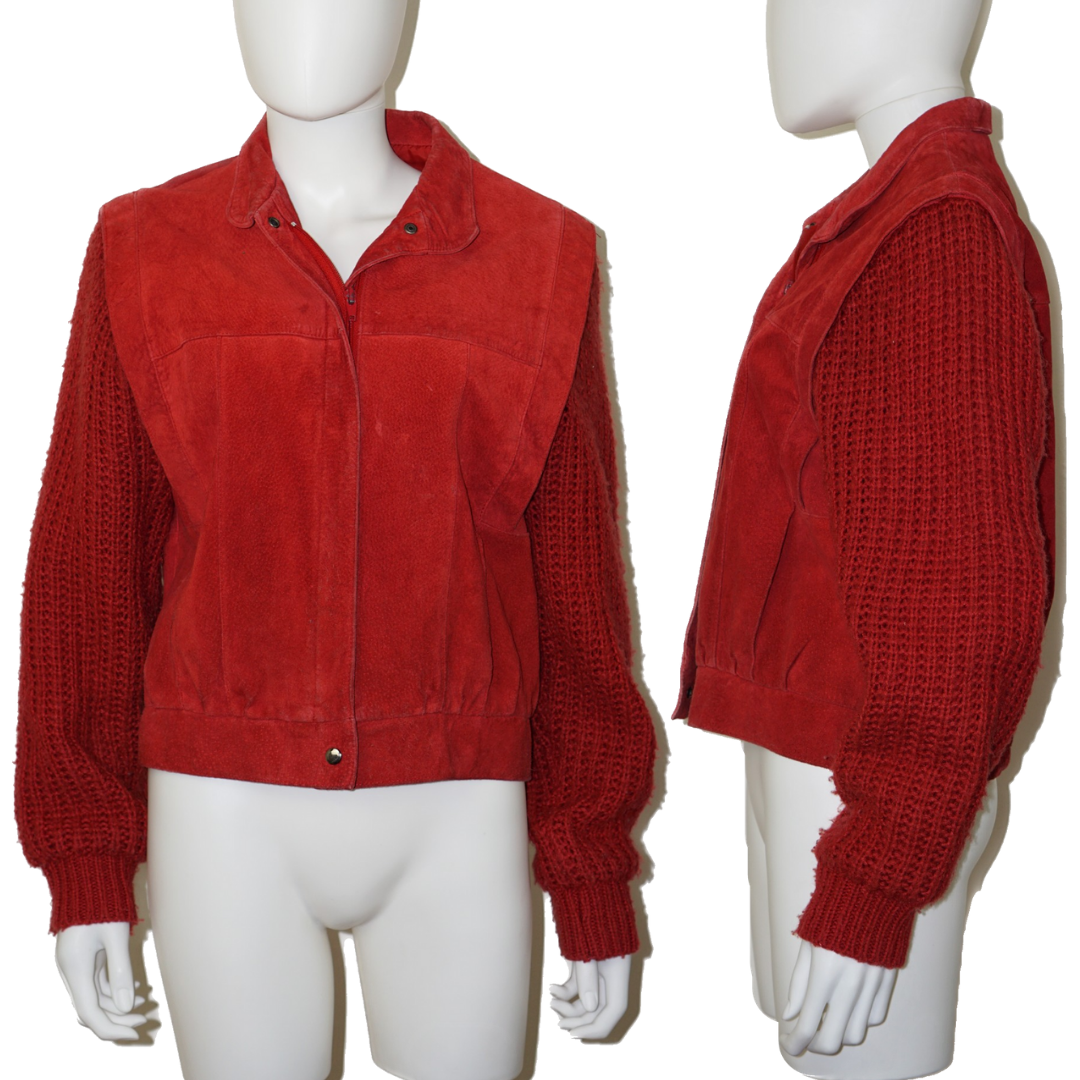 VINTAGE Red Leather Knit Sleeves Jacket