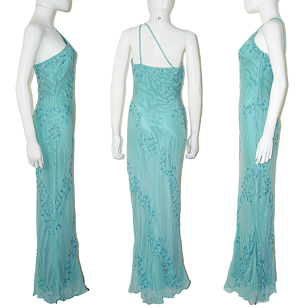 VINTAGE Scala 90s Blue Silk Beaded Maxi Dress