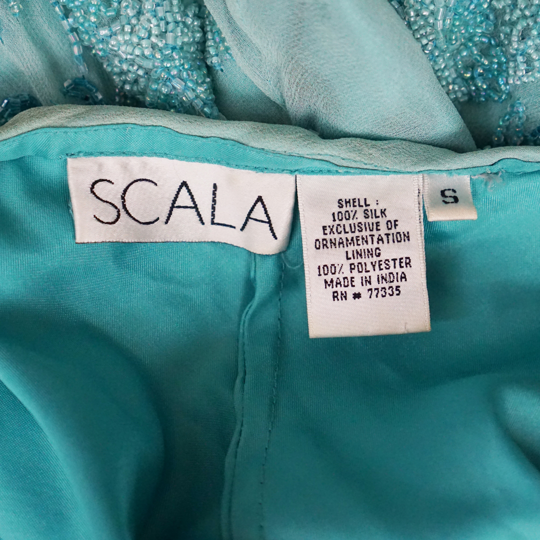 VINTAGE Scala 90s Blue Silk Beaded Maxi Dress