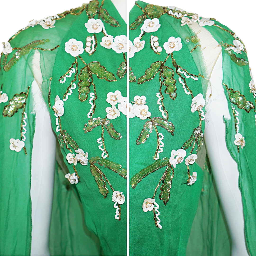 VINTAGE Victoria Royal Green Chiffon Cape Dress