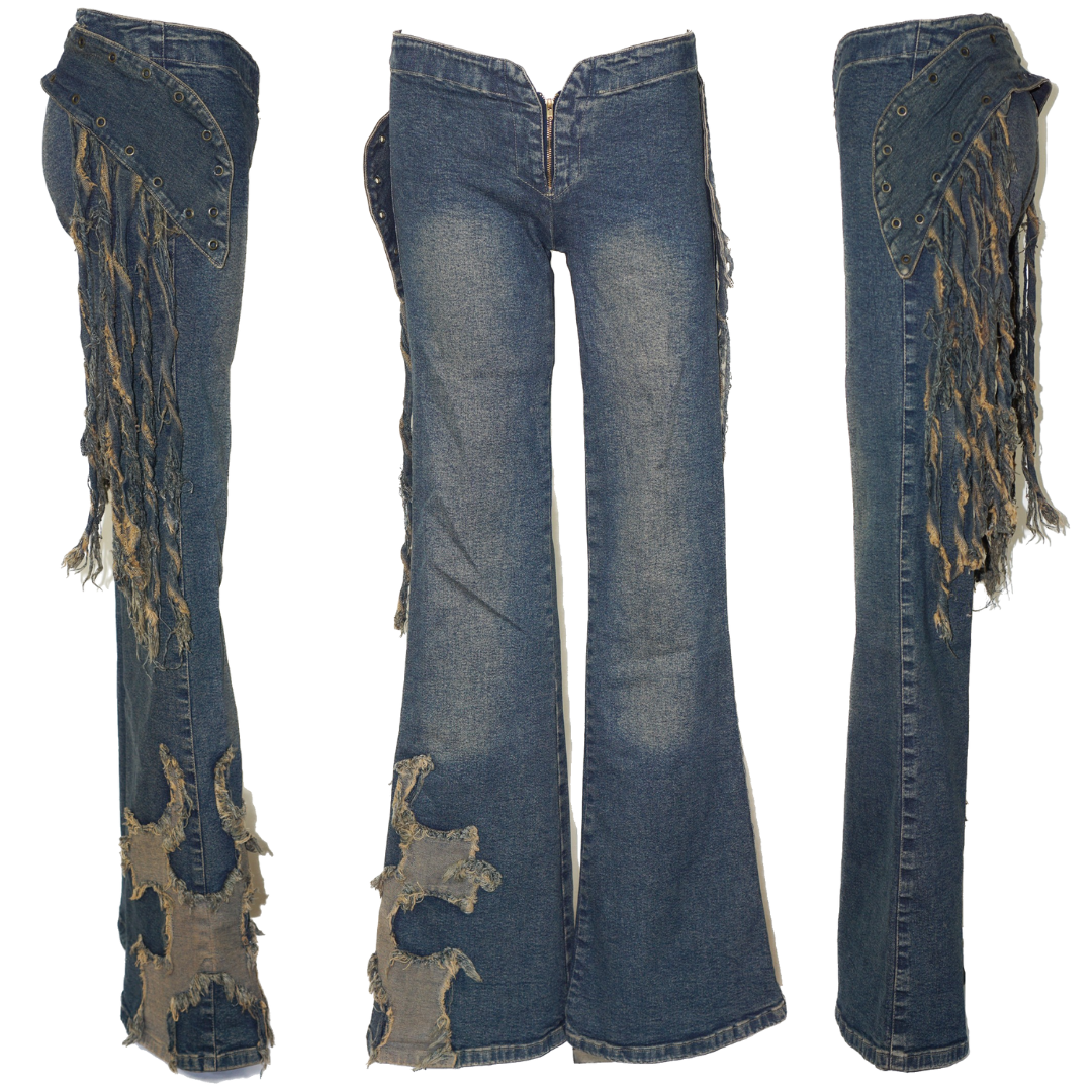 VINTAGE Y2K Flared Boot Cut Fringe Faded Jeans