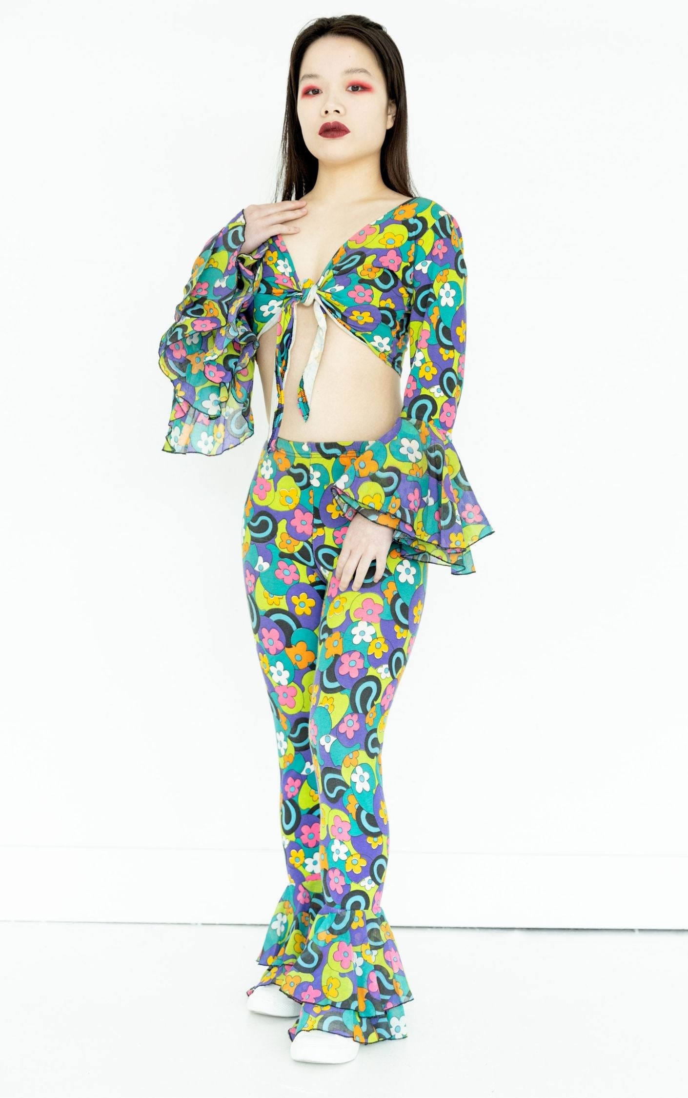 VINTAGE 70s Hippy Floral Ruffled Top Pants Set RESELLUM