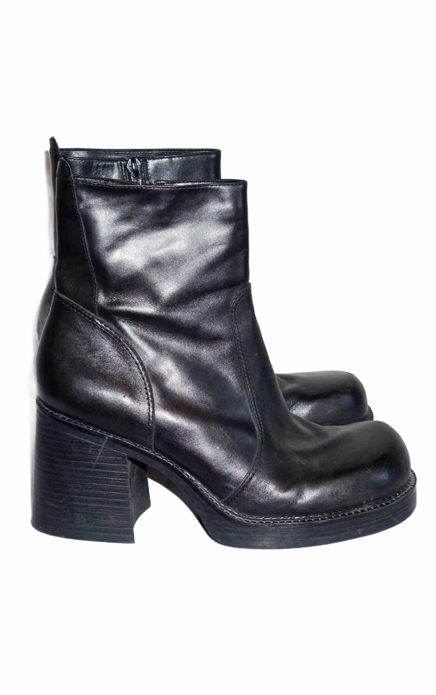 VINTAGE 90s Chunky Heels Square Toe Black Leather Ankle Boots resellum