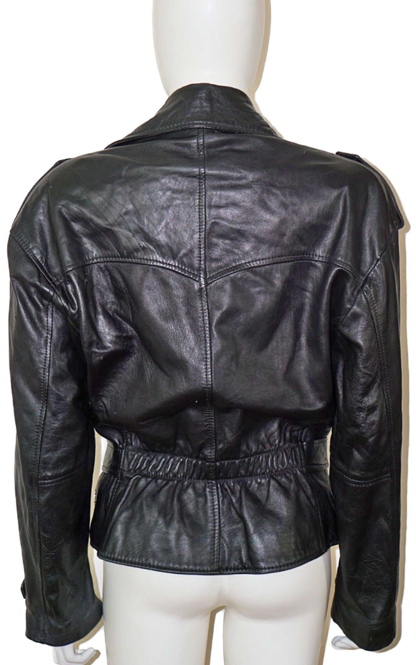 VINTAGE Black Real Leather Belted Biker Jacket resellum