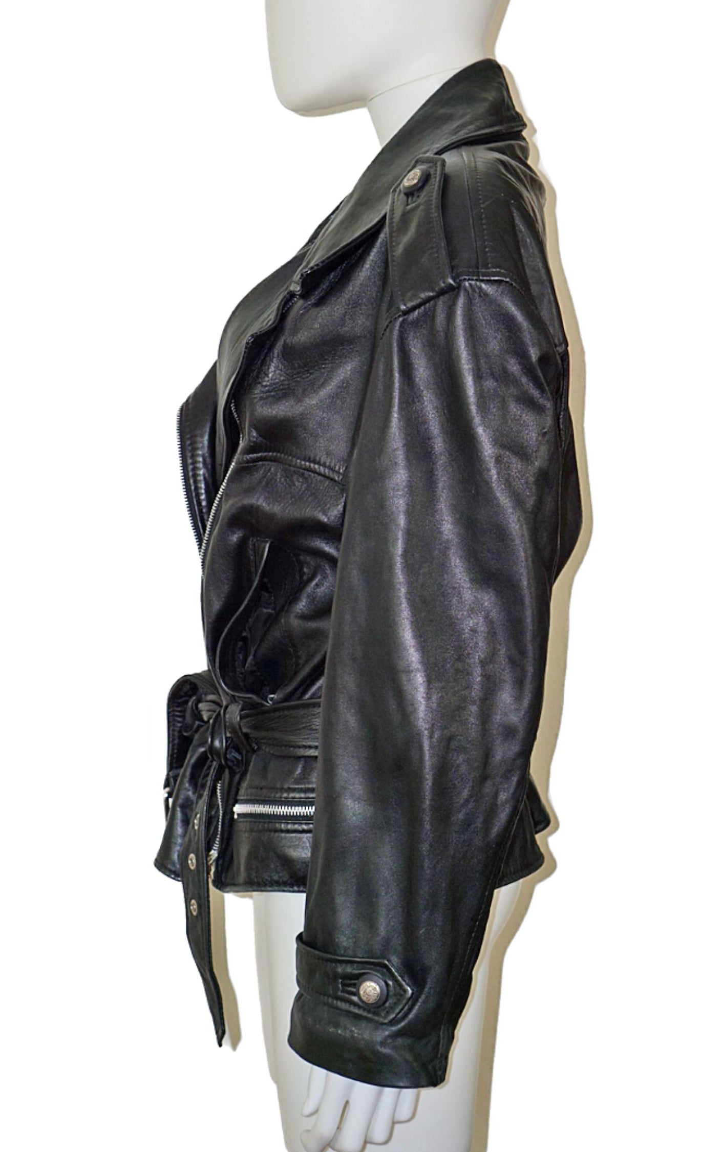 VINTAGE Black Real Leather Belted Biker Jacket resellum
