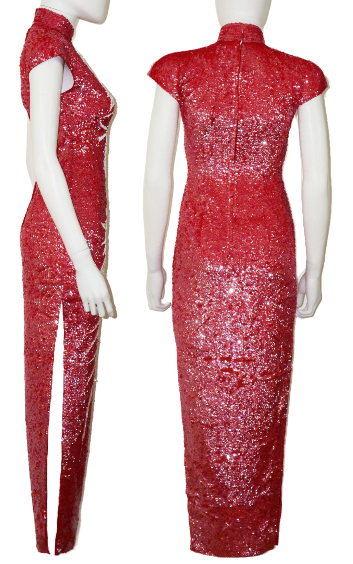 VINTAGE Chinese Style Tailored Red Sequin Maxi Dress resellum