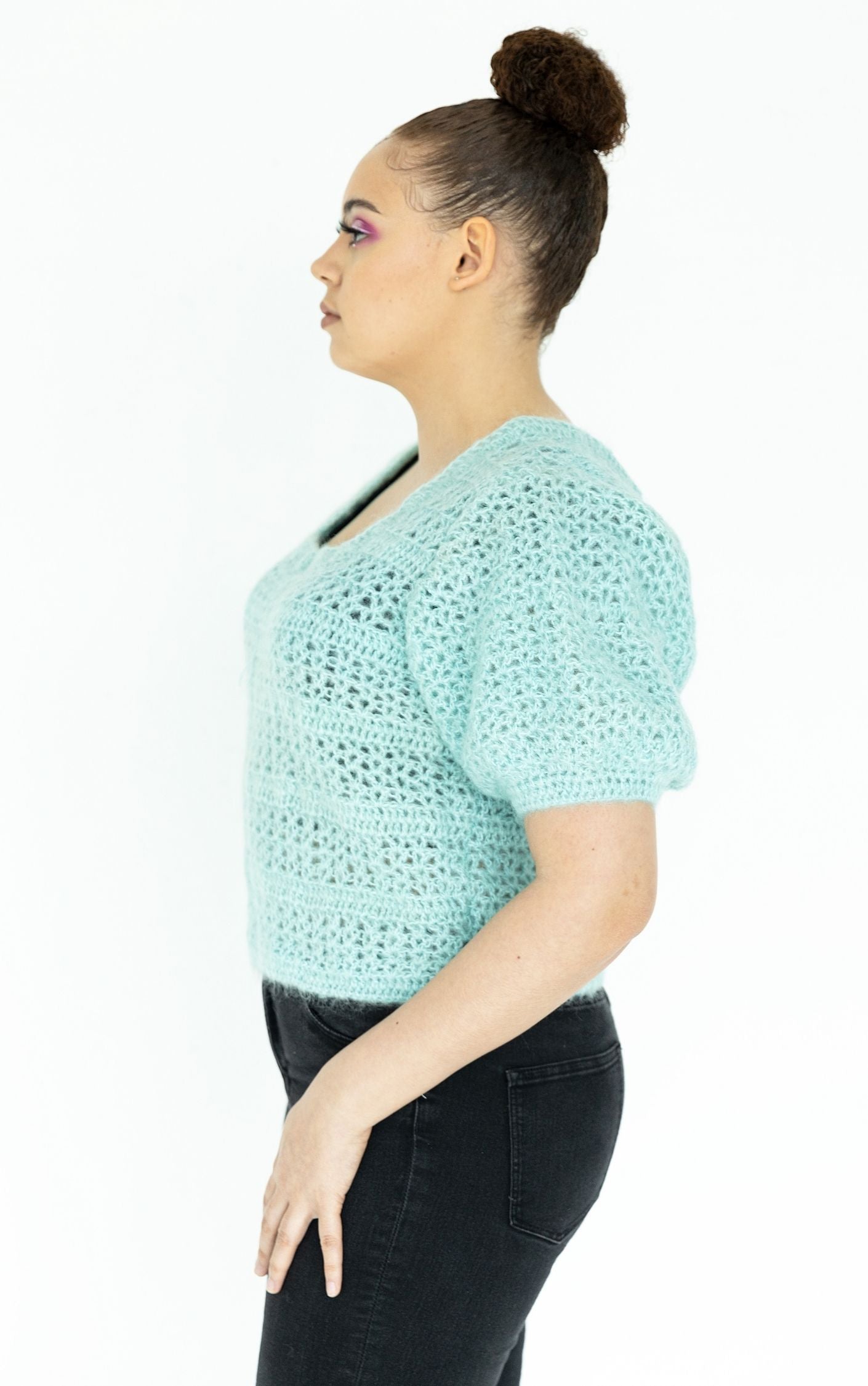 VINTAGE Knitted Crochet Puff Sleeve Blue Top