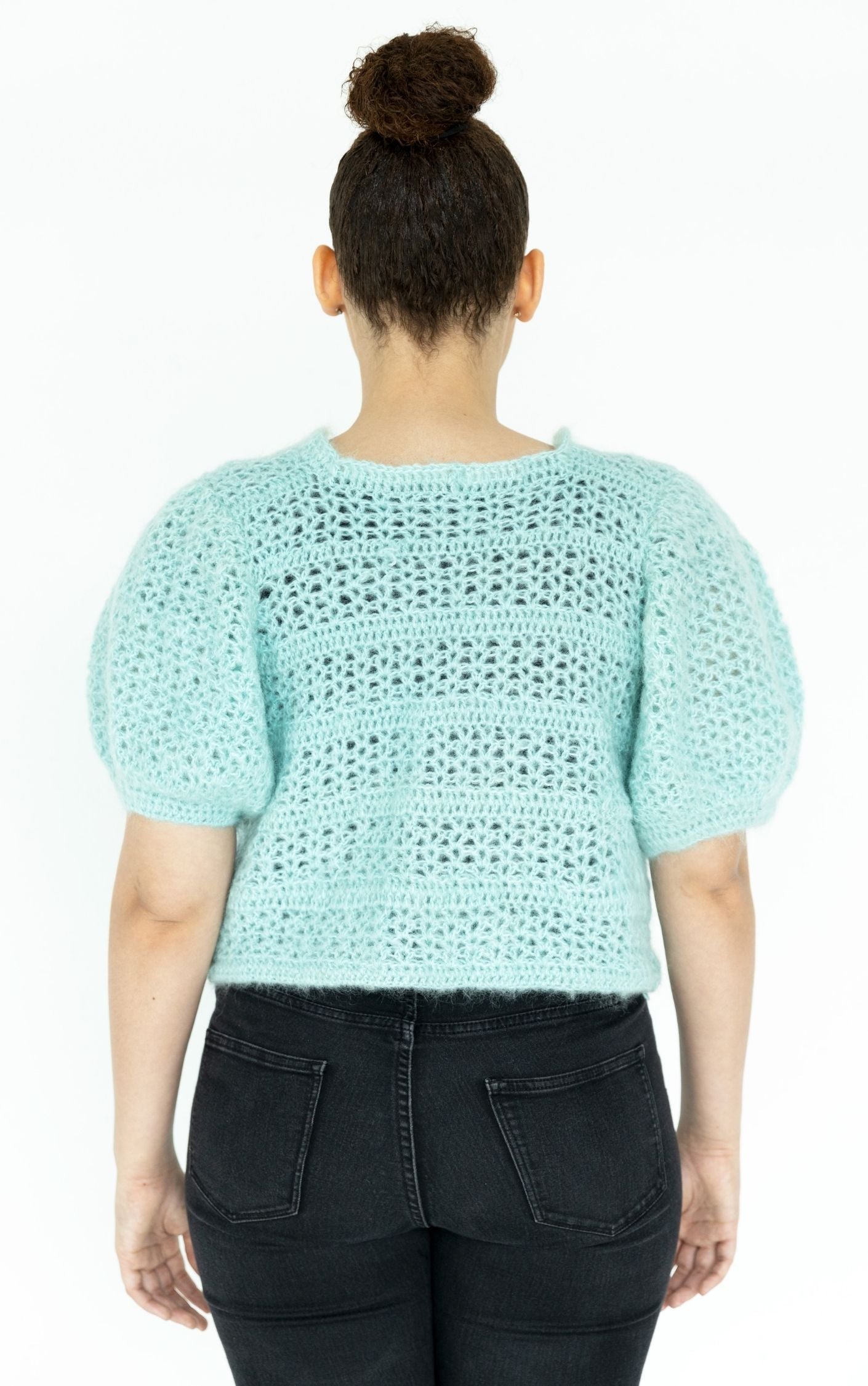 VINTAGE Knitted Crochet Puff Sleeve Blue Top