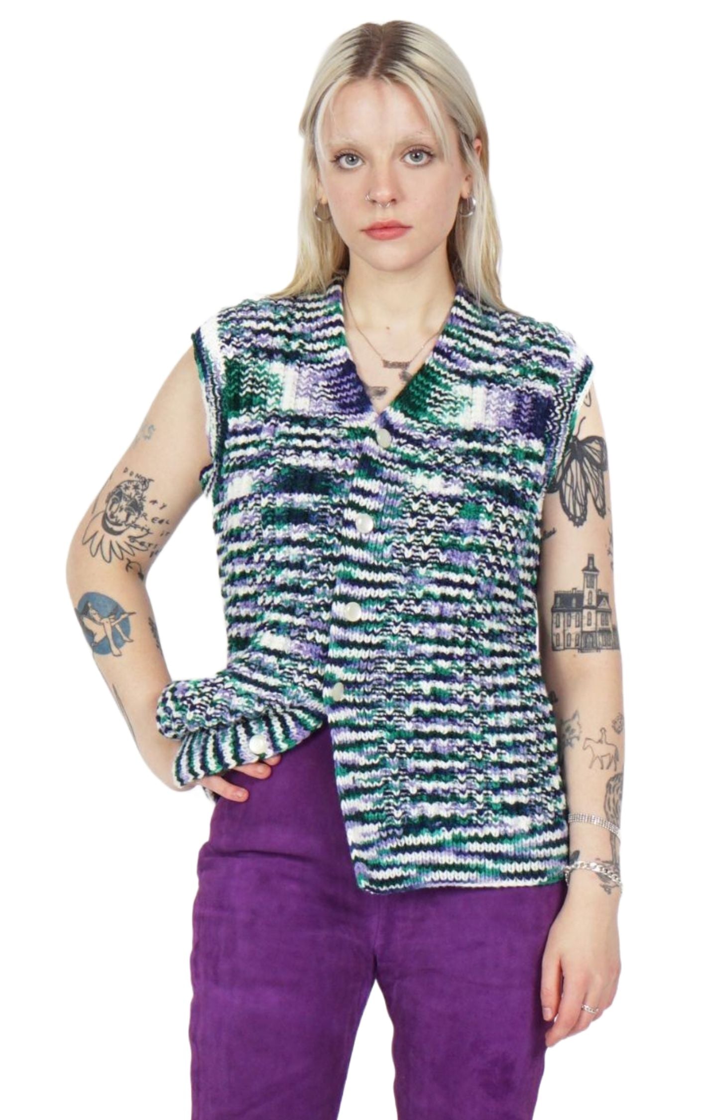 VINTAGE Multicolor Striped Knitted Purple V-Neck Vest resellum