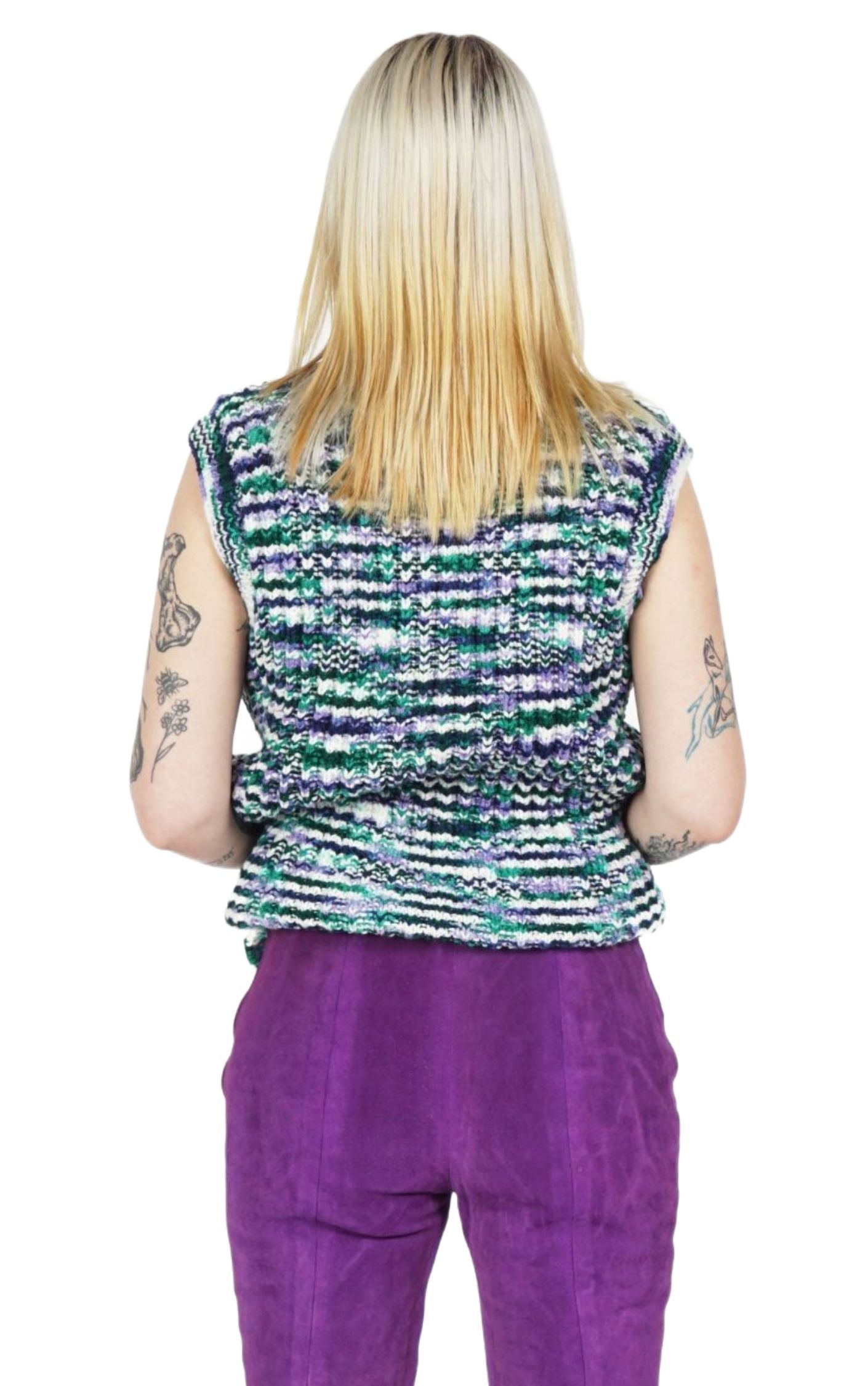 VINTAGE Multicolor Striped Knitted Purple V-Neck Vest resellum