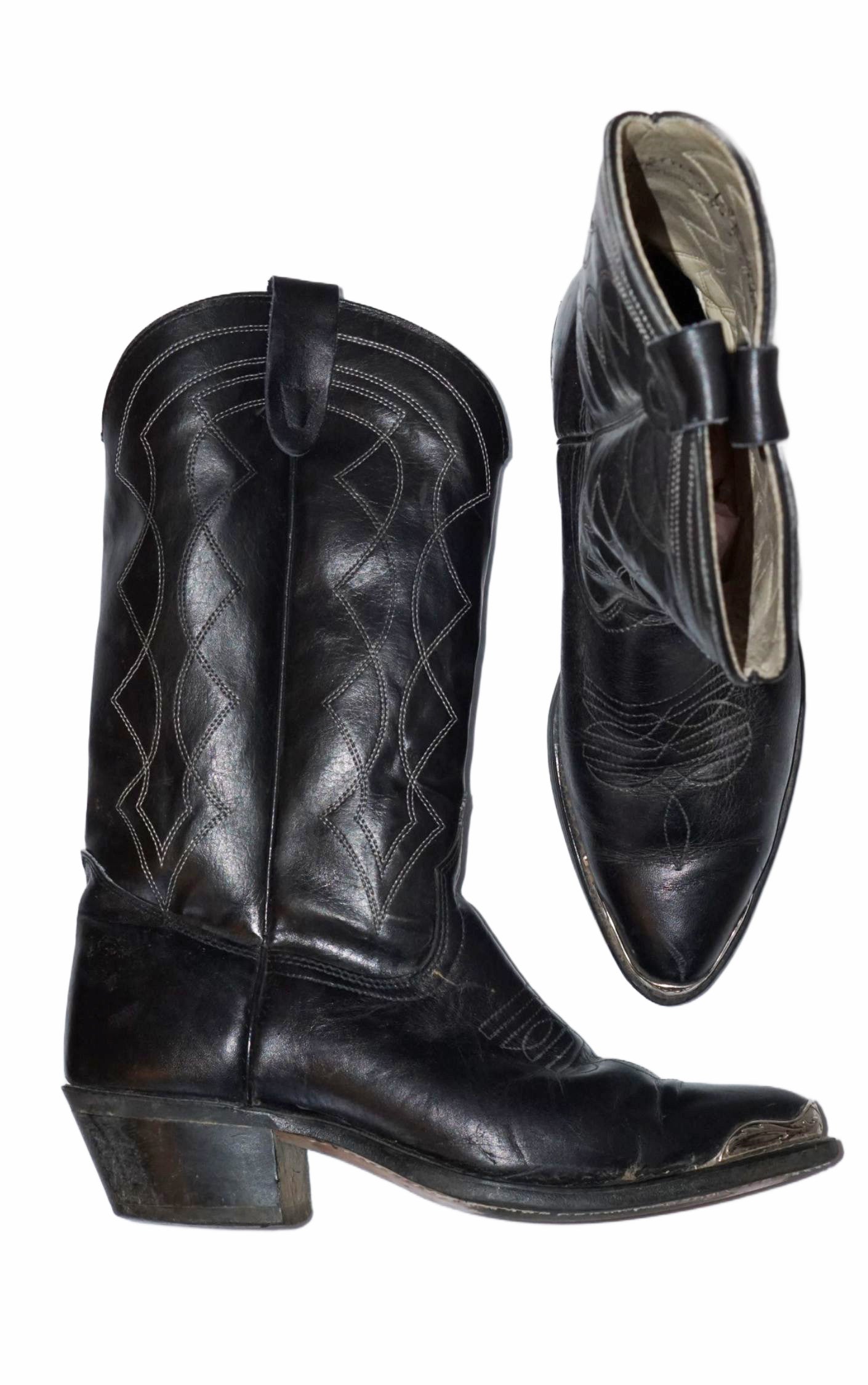 VINTAGE Texas Black Leather Metal Tips Western Cowboy Boots resellum