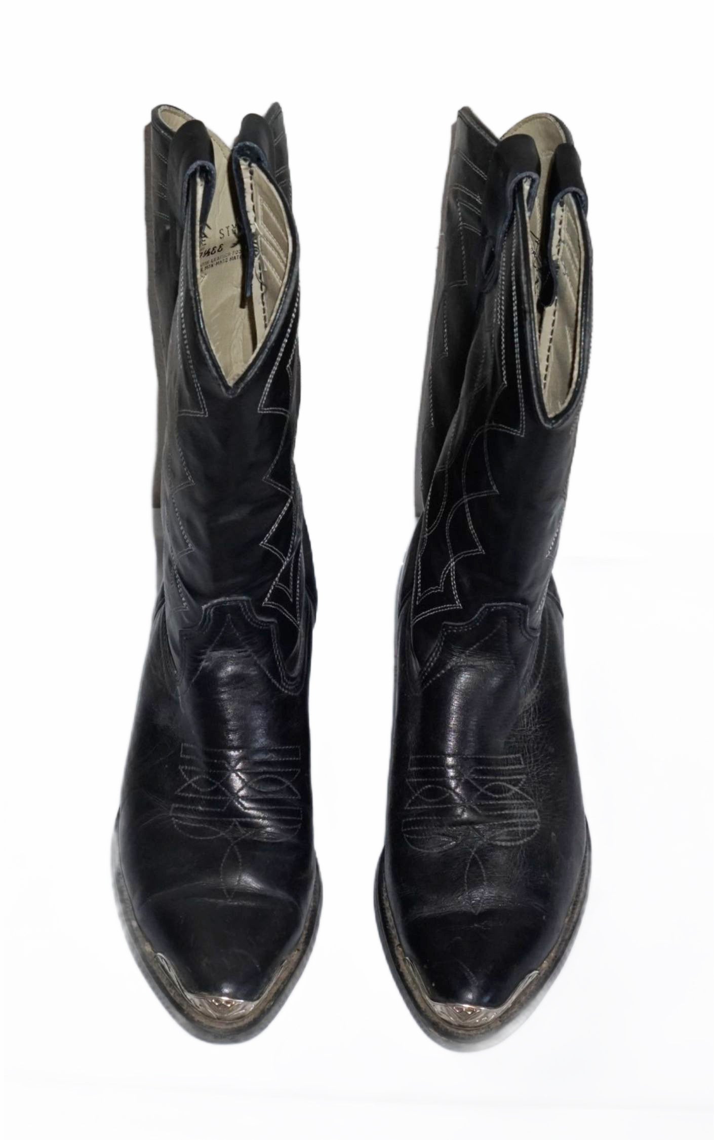 VINTAGE Texas Black Leather Metal Tips Western Cowboy Boots resellum