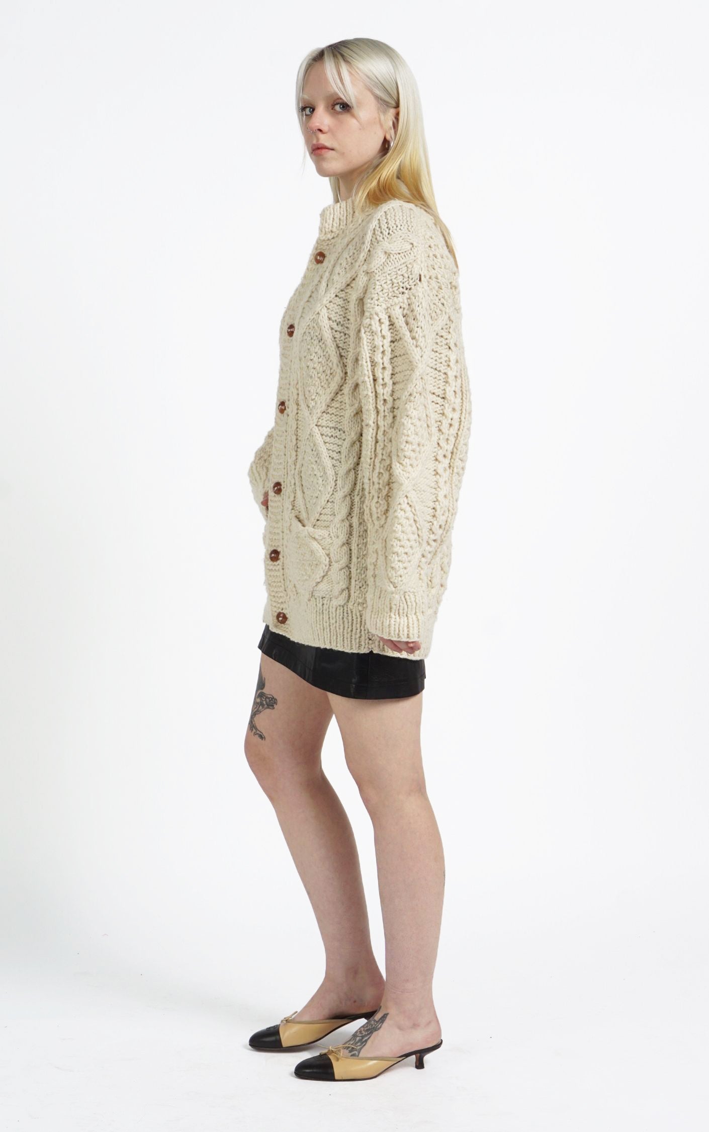 VINTAGE 100% Wool Chunky Knit Puff Sleeve Scandinavian Cardigan resellum