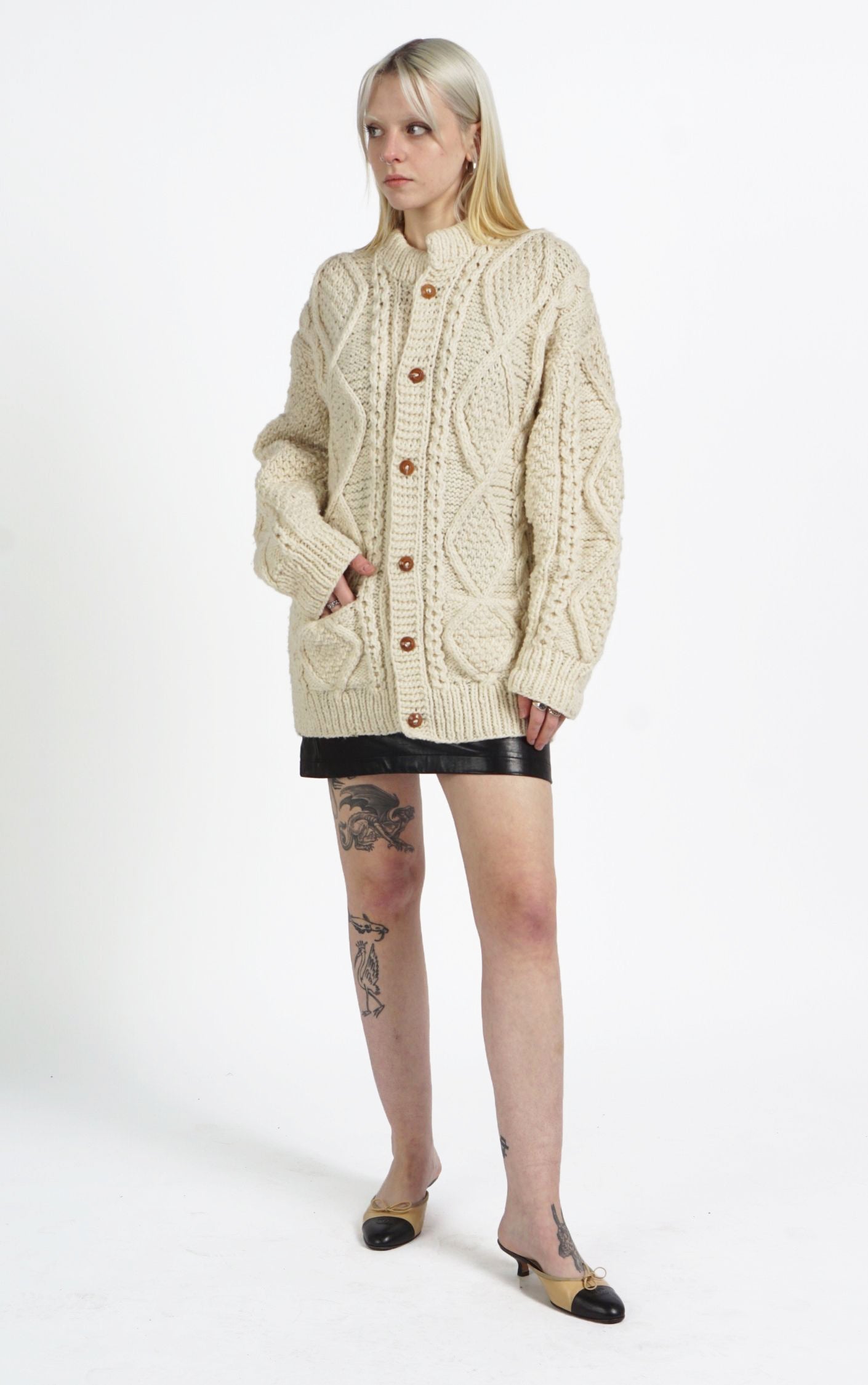 VINTAGE 100% Wool Chunky Knit Puff Sleeve Scandinavian Cardigan resellum