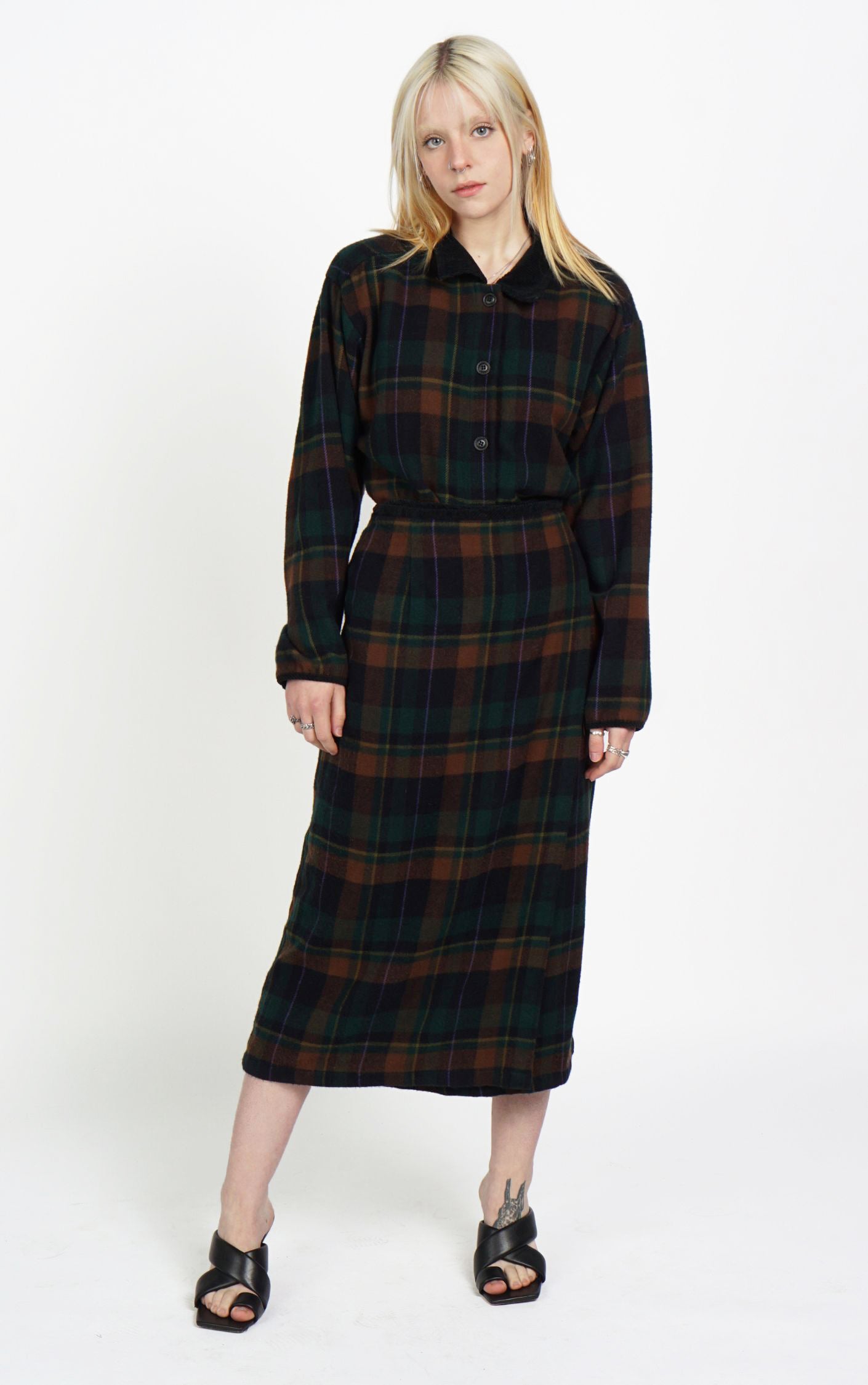 VINTAGE 100% Wool Tartan Buttoned Shirt Midi Skirt Set Suit resellum