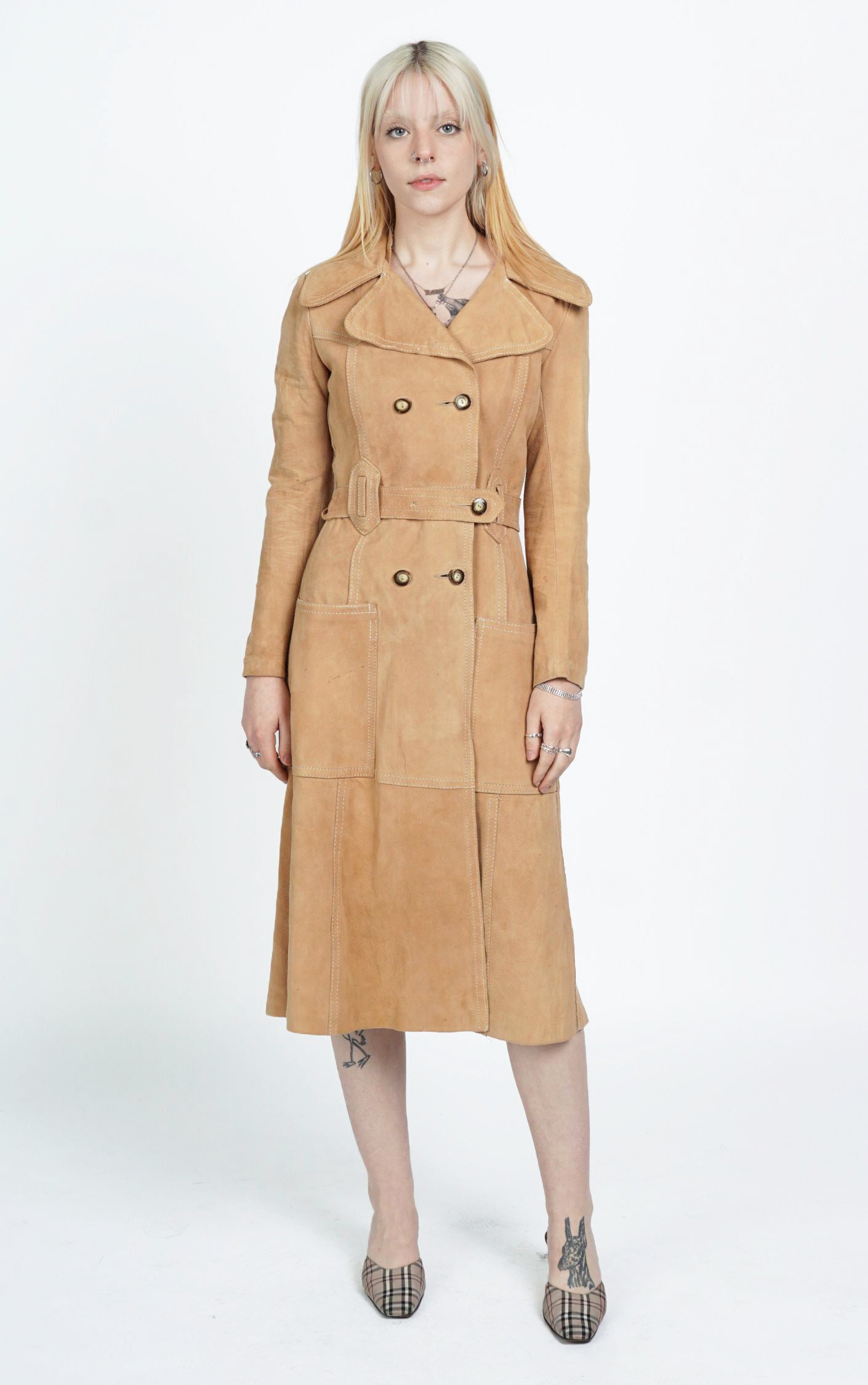 VINTAGE 60s Camel Suede Leather Belted Coat resellum