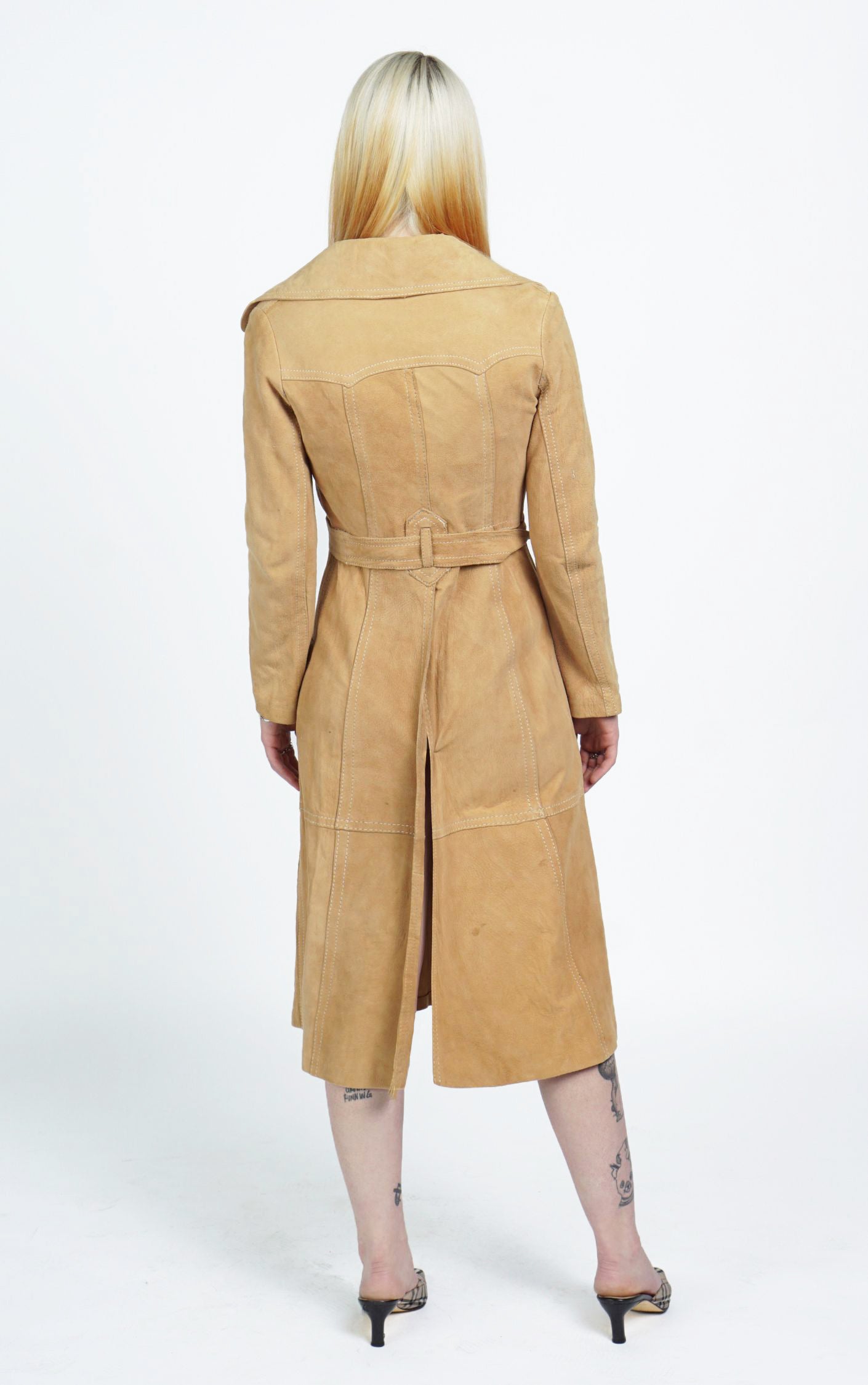 VINTAGE 60s Camel Suede Leather Belted Coat resellum