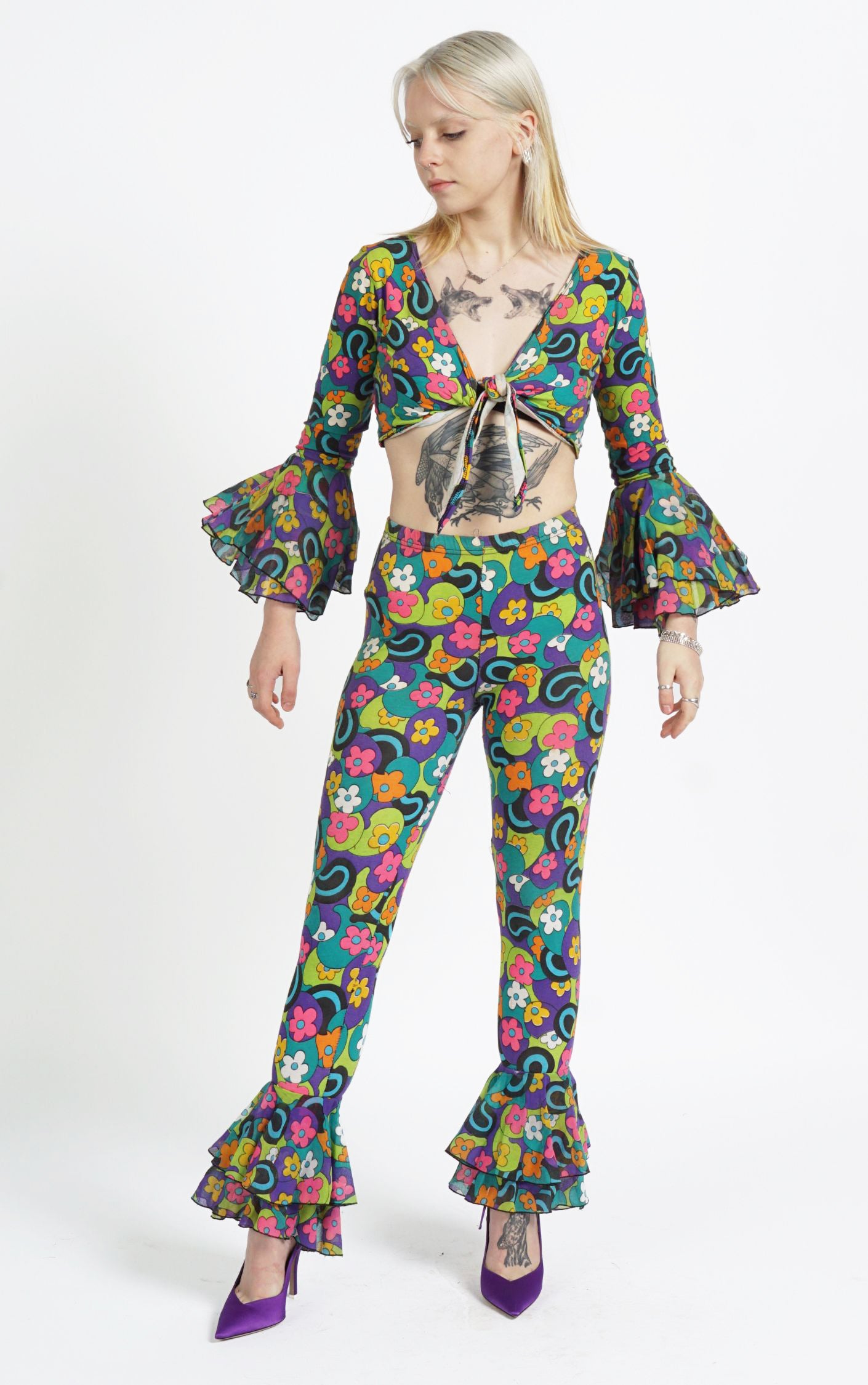 VINTAGE 70s Boho Floral Ruffled Top Pants Set Suit resellum