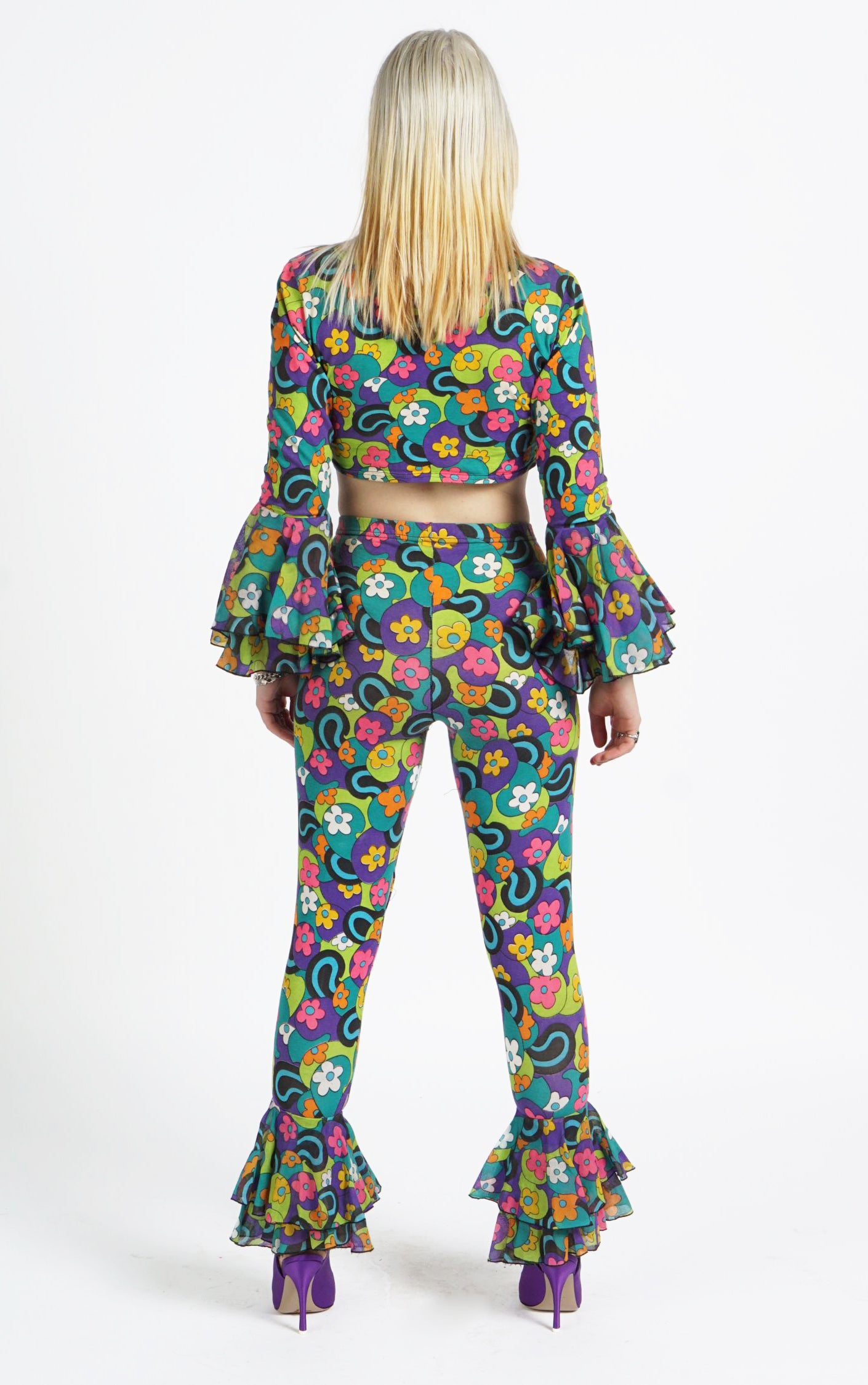 VINTAGE 70s Boho Floral Ruffled Top Pants Set Suit resellum