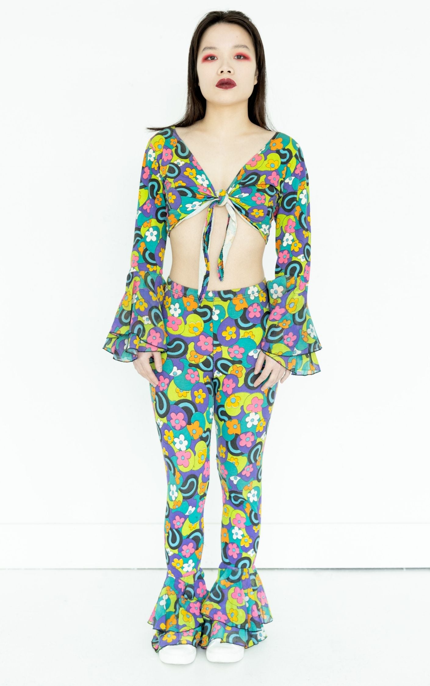 VINTAGE 70s Hippy Floral Ruffled Top Pants Set RESELLUM