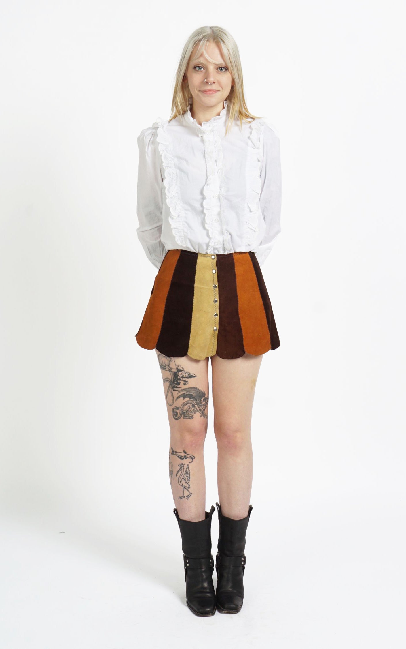 VINTAGE 70s Multicolor Suede Petal Snap Buttons Mini Skirt resellum