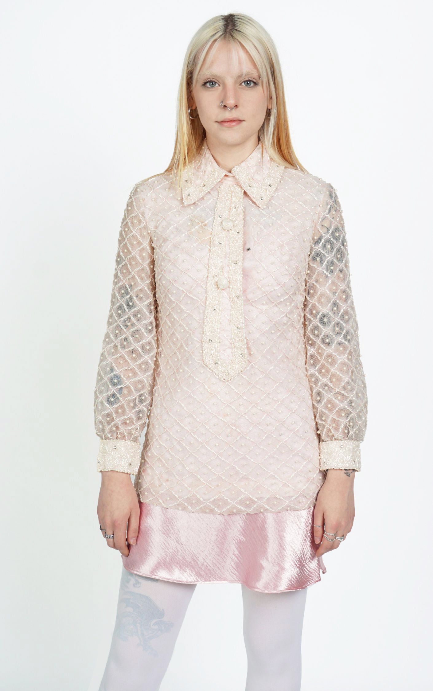 VINTAGE 80s Beaded Embellished Collared Pastel Victorian Blouse resellum