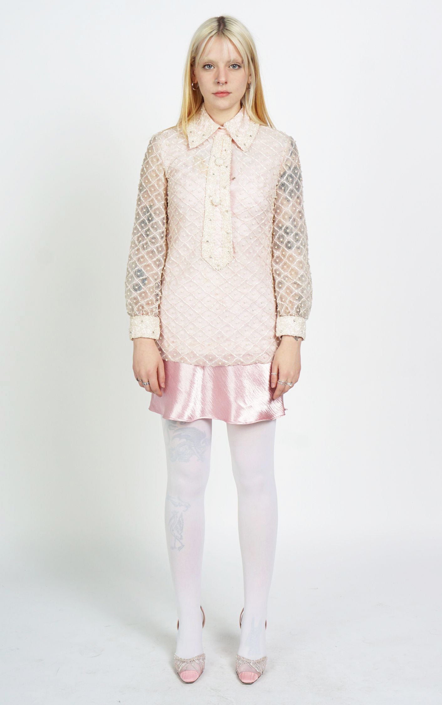 VINTAGE 80s Beaded Embellished Collared Pastel Victorian Blouse resellum