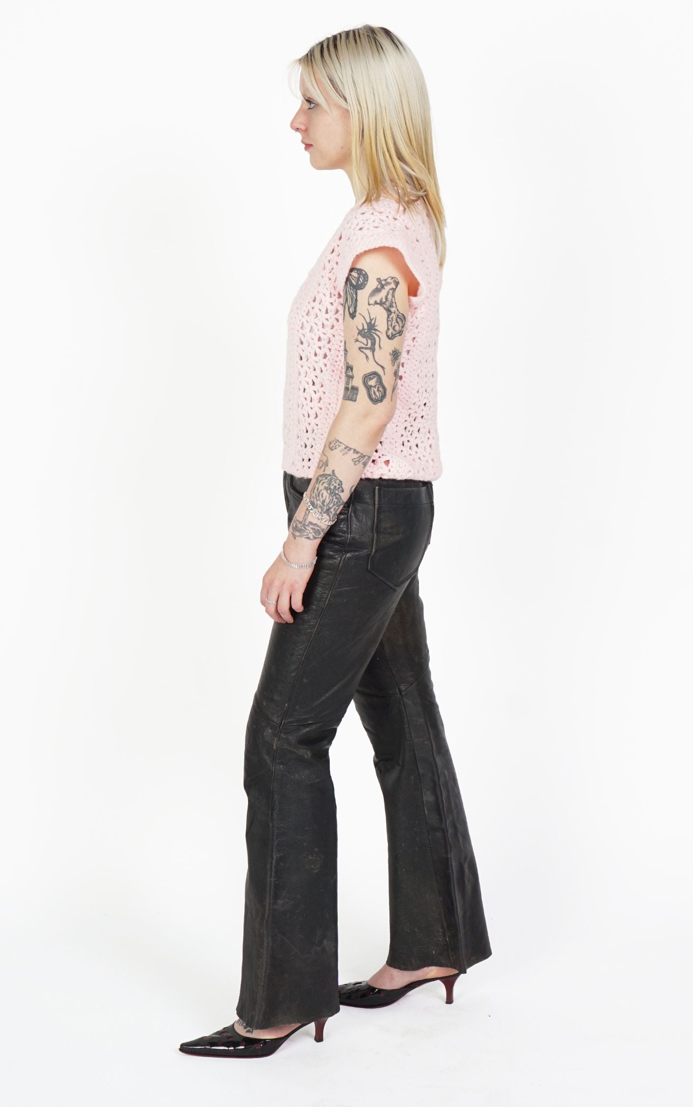 VINTAGE 80s Black Faded Leather Flared Bootcut Pants resellum