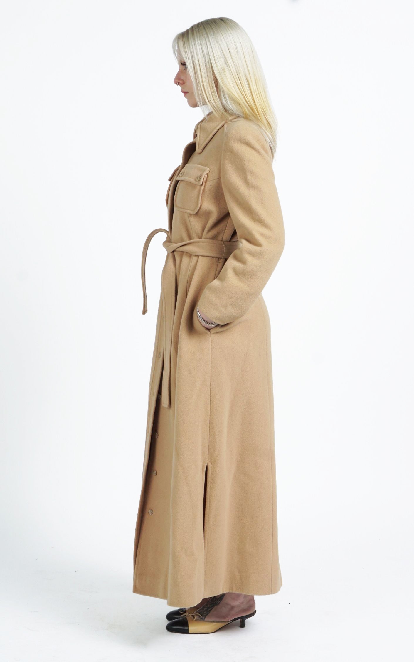 VINTAGE 80s Camel Wool Belted Classic Tailored Long Coat resellum