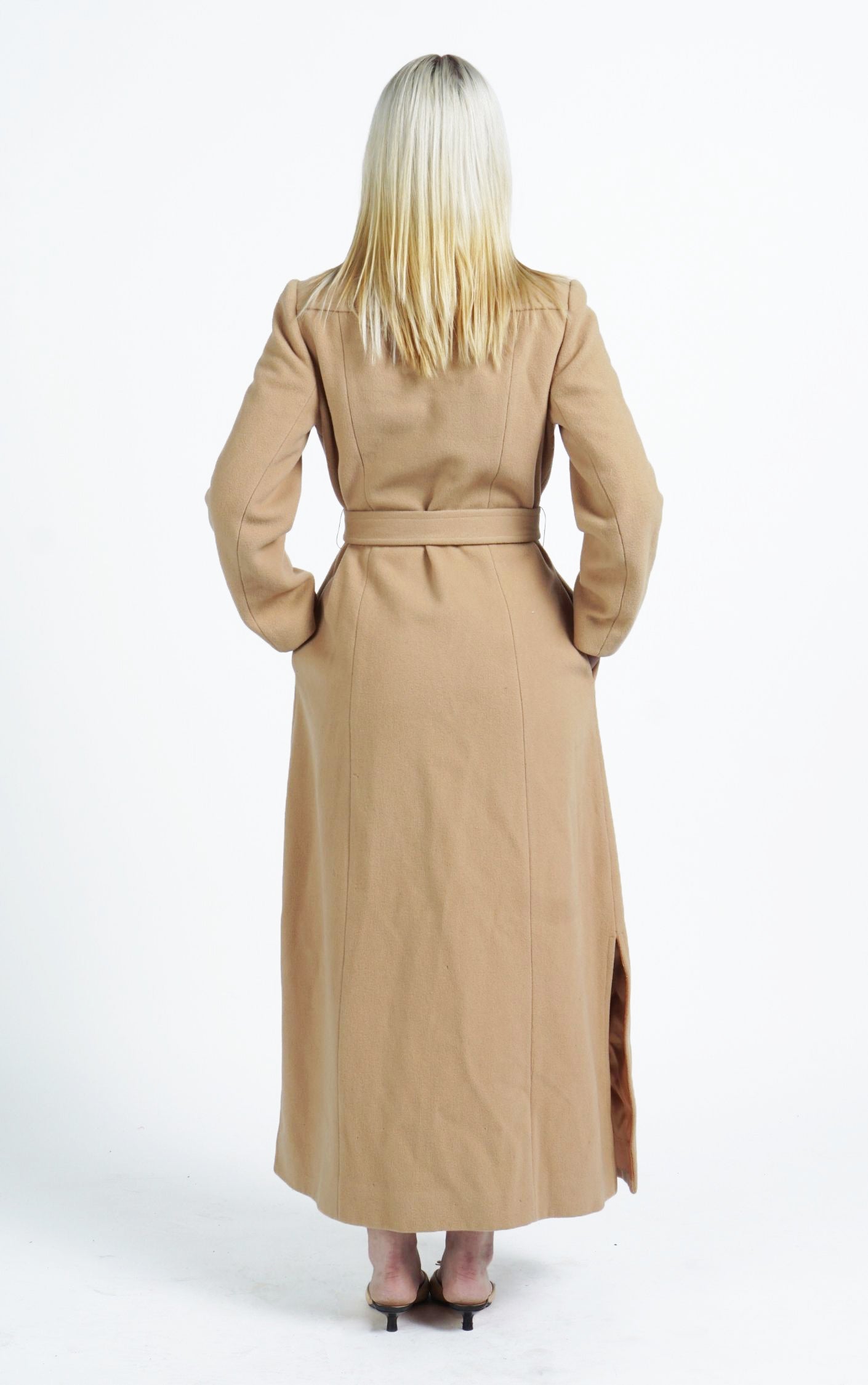 VINTAGE 80s Camel Wool Belted Classic Tailored Long Coat resellum