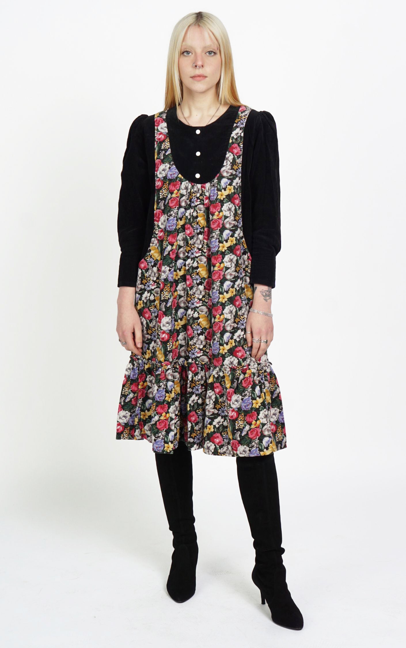 VINTAGE 80s Floral Corduroy Puff Sleeve Dress resellum