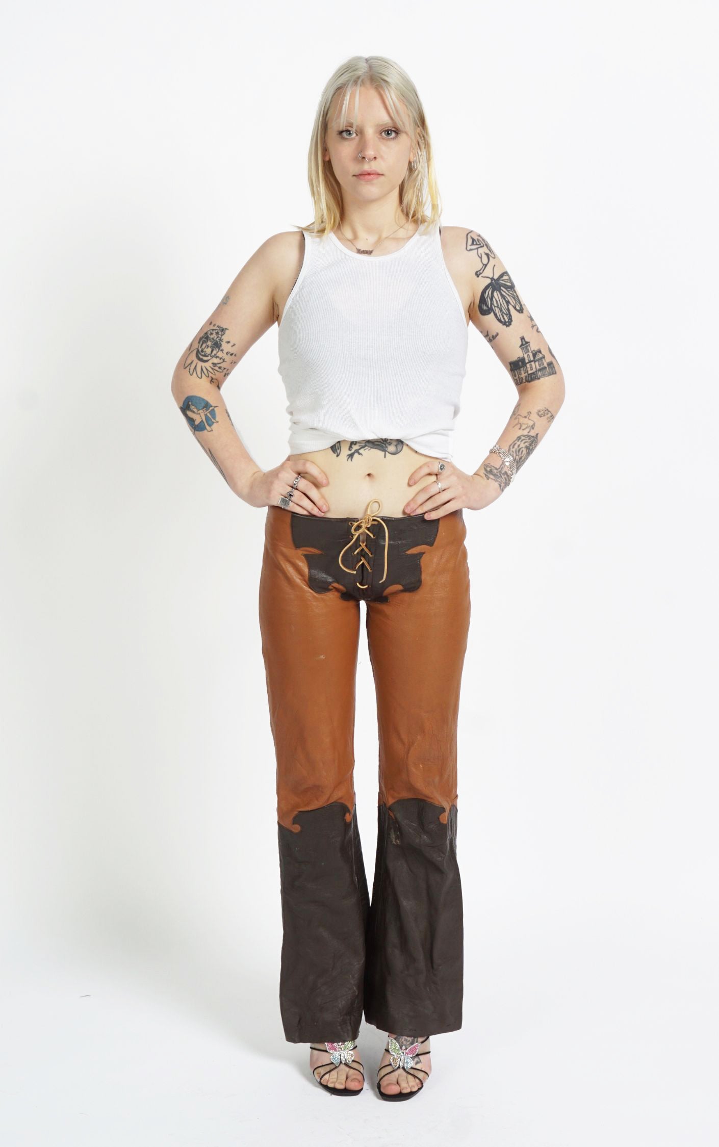 VINTAGE 80s Leather Lace Up Fly Low Rise Flared Bootcut Pants resellum