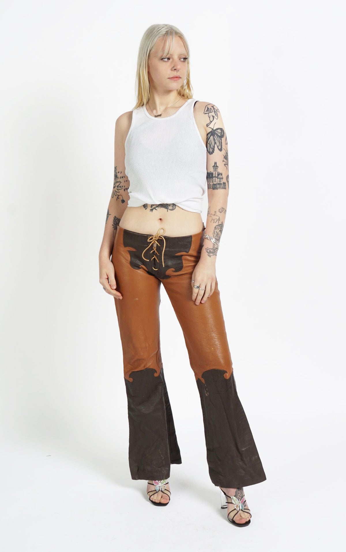 VINTAGE 80s Leather Lace Up Fly Low Rise Flared Bootcut Pants