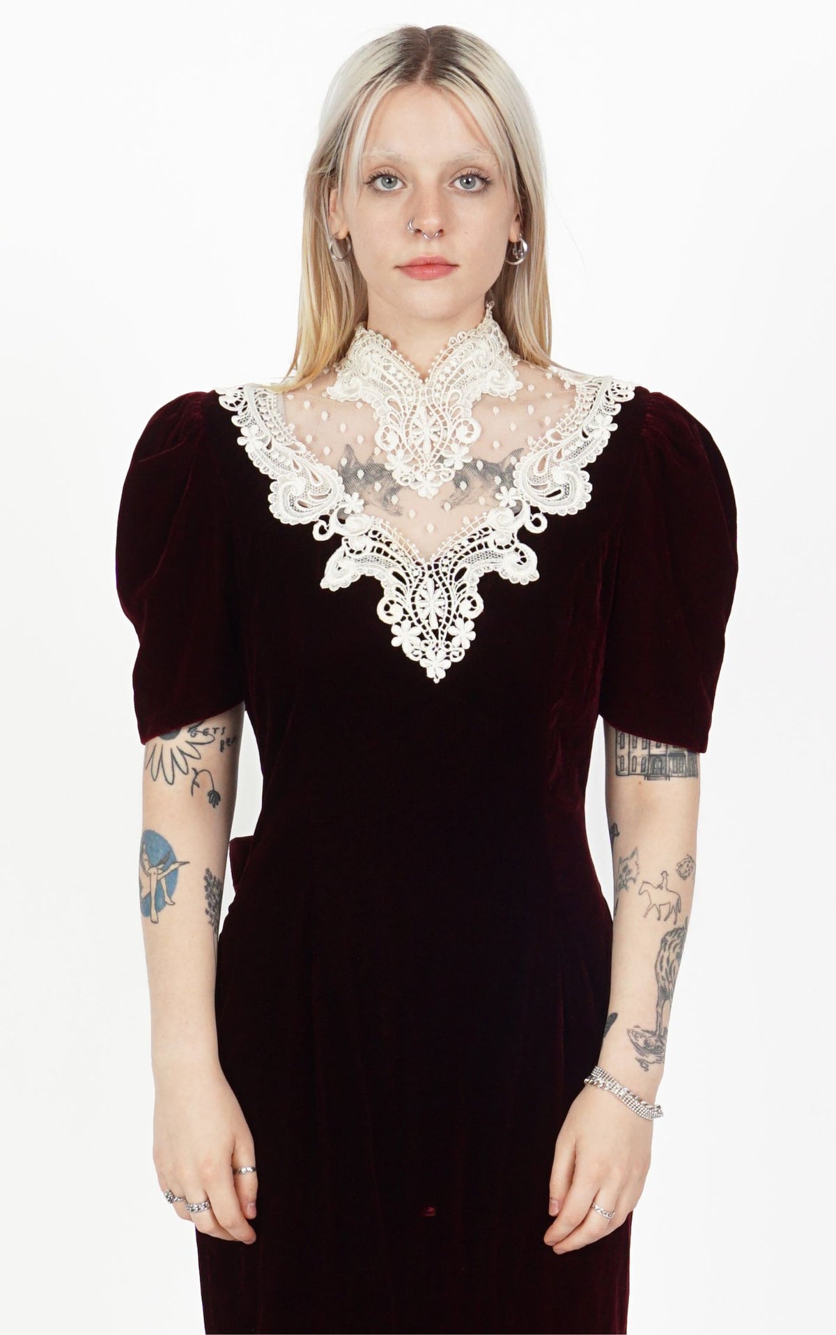 VINTAGE 80s Victorian Burgundy Velvet Puff Sleeve Maxi Dress