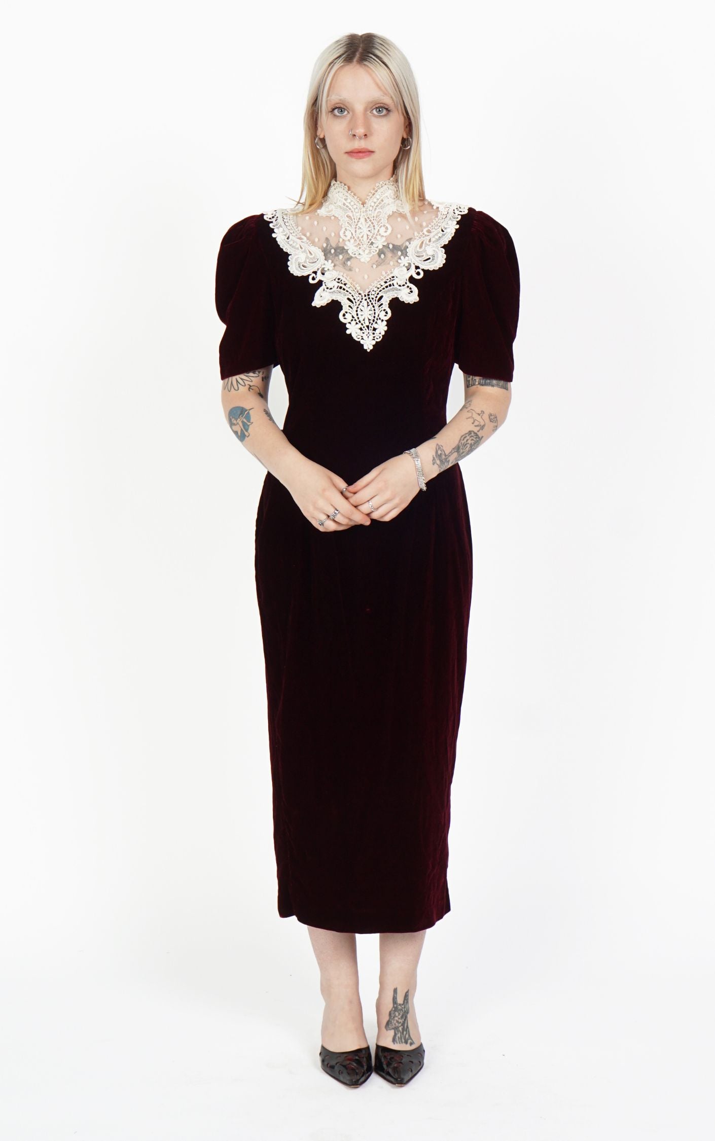 VINTAGE 80s Burgundy Velvet Puff Sleeve Maxi Dress resellum