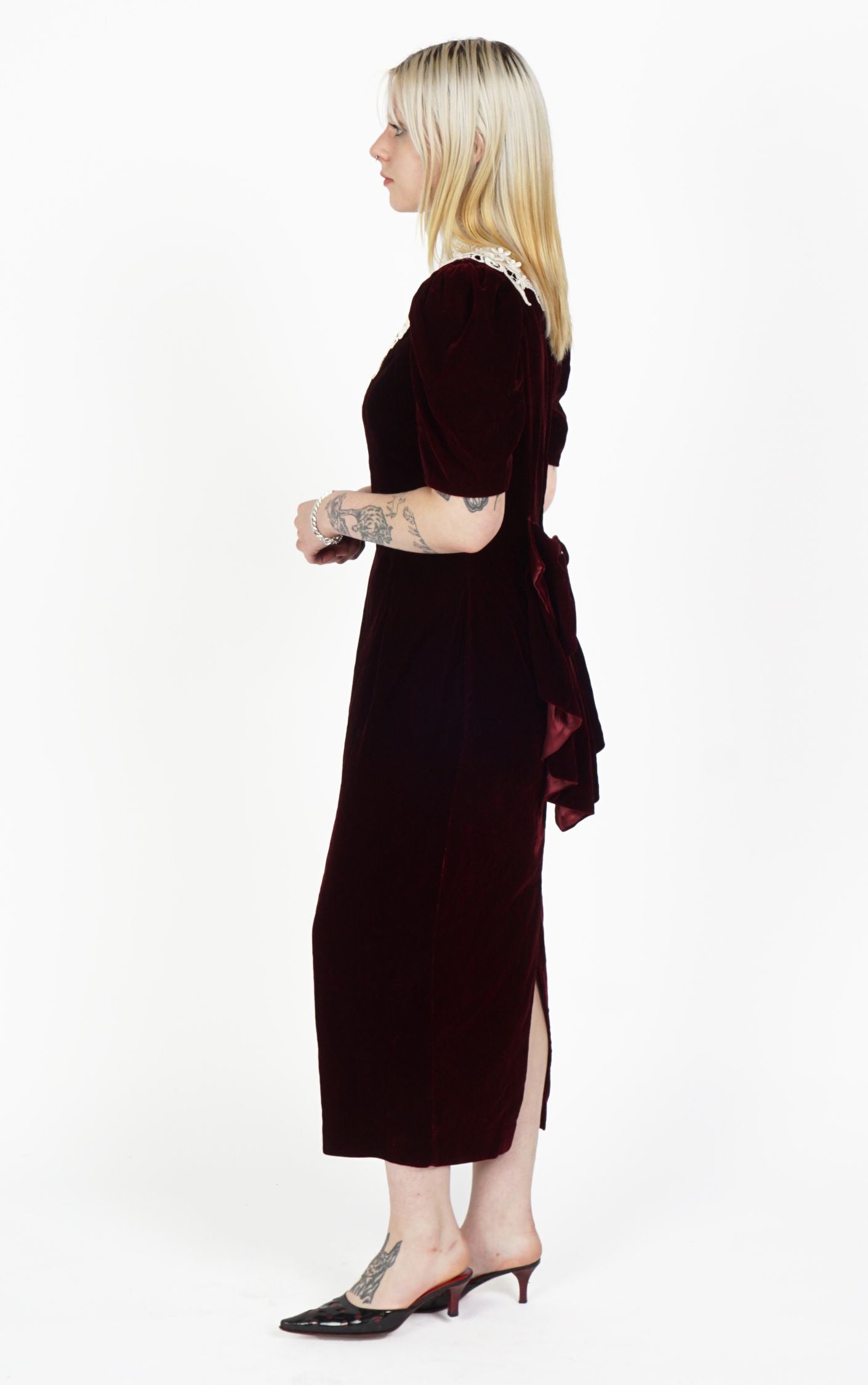 VINTAGE 80s Burgundy Velvet Puff Sleeve Maxi Dress resellum