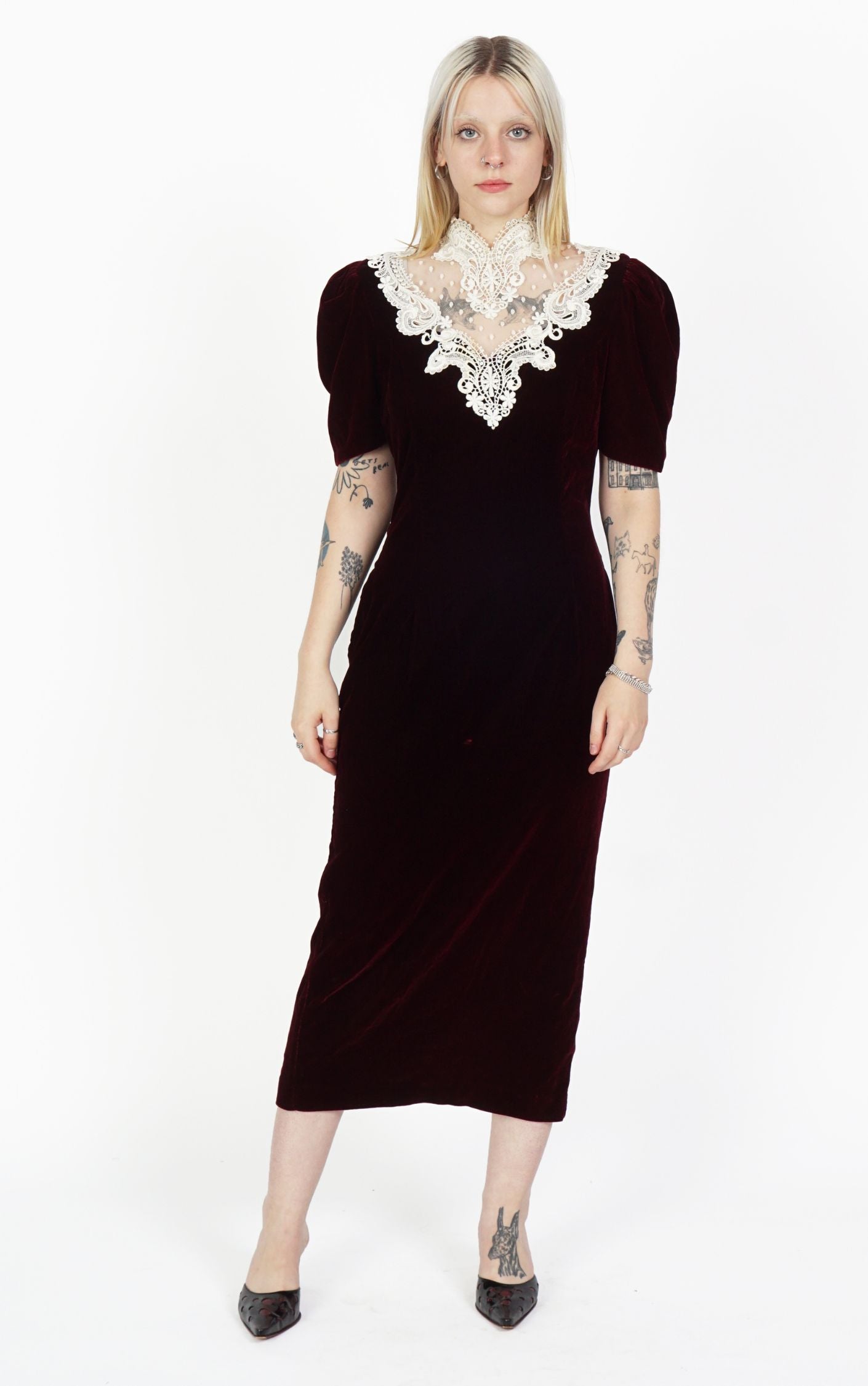 VINTAGE 80s Burgundy Velvet Puff Sleeve Maxi Dress resellum