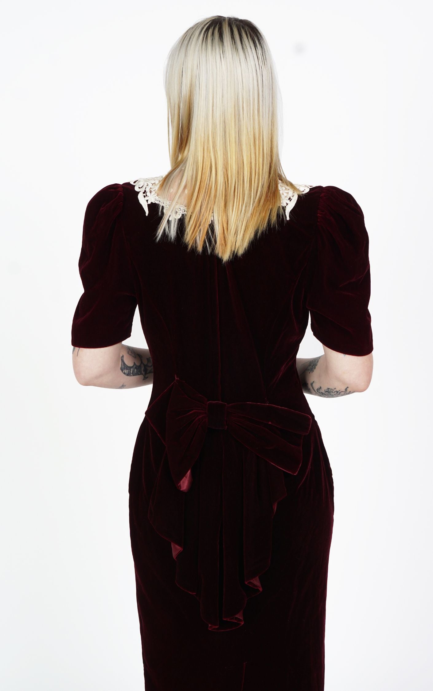 VINTAGE 80s Burgundy Velvet Puff Sleeve Maxi Dress resellum